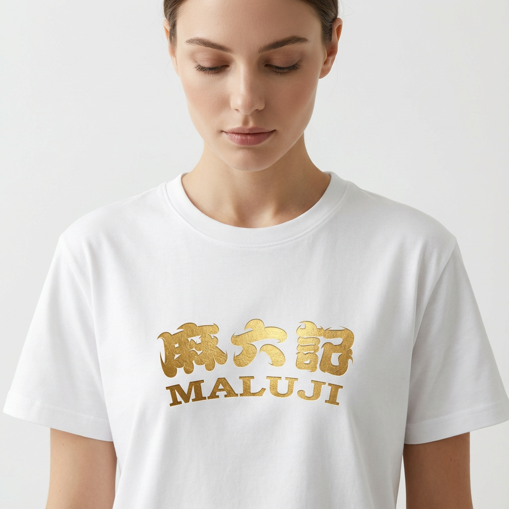 提取参考图的LOGO单独呈现，改为金色，25岁欧洲女性模特，穿纯白重磅T恤，金色LOGO采用烫金工艺印制，金属光泽细腻不浮夸，正面柔光拍摄，光线均匀照亮T恤表面，凸显LOGO与面料的质感对比，模特自然垂眸，背景为纯净白色，画面简洁高级，符合奢侈品广告调性