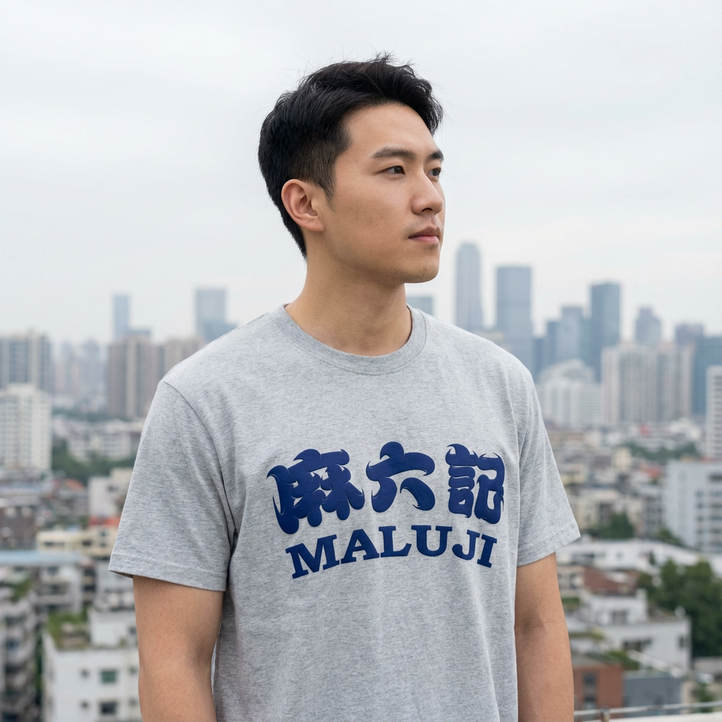 提取参考图的LOGO单独呈现，改为藏蓝色，25岁亚洲男性模特，穿浅灰纯色T恤，藏蓝色LOGO采用撞色胶浆印花，主色与T恤形成和谐对比，户外阴天拍摄，自然漫射光均匀覆盖，T恤面料纹理清晰可见，LOGO色彩饱满不褪色，模特站立远眺，背景为简洁城市天际线，大气开阔