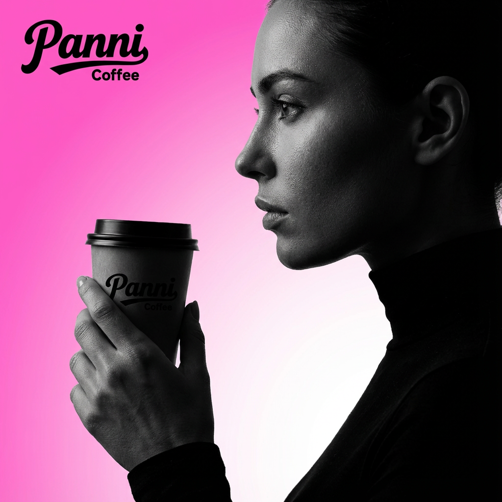 设计品牌海报，时尚剪影摄影风格,时尚大片,一个女生模特,穿着时尚黑色服装手拿带有（将参考图中的LOGO）的特色咖啡，（将参考图中的LOGO）位于左上角或右上角（根据实际情况设置），清晰的毛孔,肌肤真实细节,产品剪影,品牌色向白色渐变背景,特写镜头,平视视角,高清分辨率,高细节