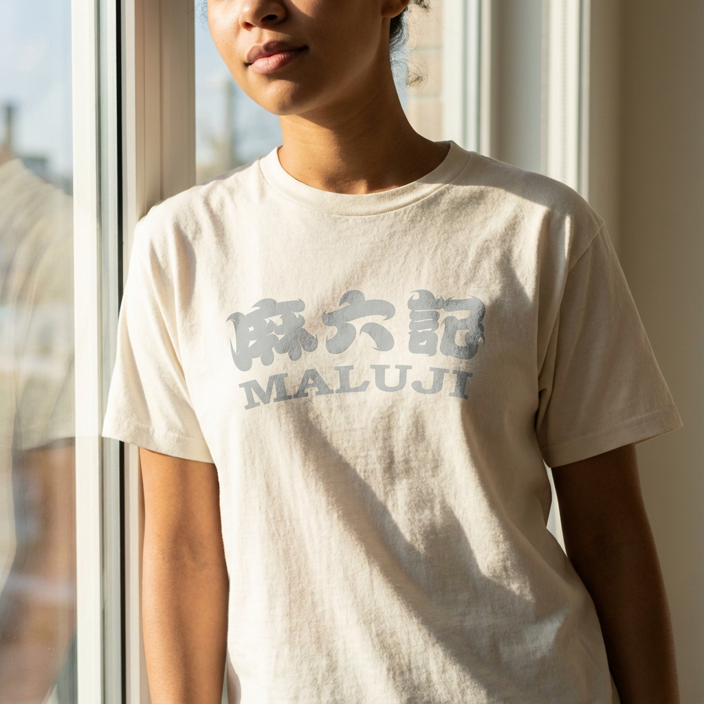 提取参考图的LOGO单独呈现，改为浅灰色，25岁混血女性模特，身着米白纯色T恤，浅灰色LOGO以丝网印刷工艺印制，色调柔和协调，窗边自然光拍摄，光线从左侧射入，在T恤表面形成明暗过渡，LOGO边缘清晰无晕染，模特靠坐窗边，姿态松弛自然，画面清新又高级
