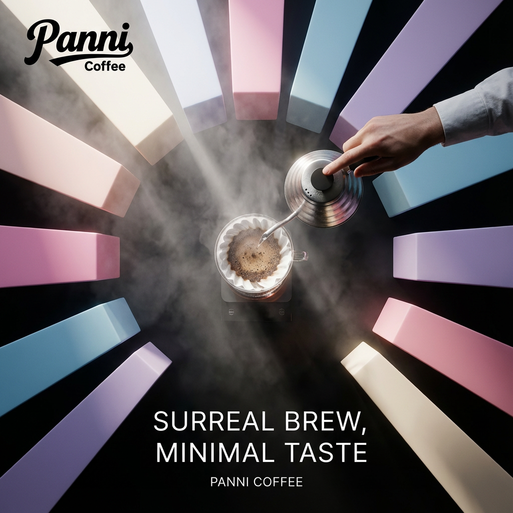 设计品牌宣传海报，画面干净，（将参考图中的LOGO ）位于左上角或右上角（根据实际情况设置），大师作品，电影海报，超高质量，超精细，高级英文排版，摄影，丁达尔光效，朦胧，俯视，远景，极简，简单，极简风格，大面积留白，James Turrell，背景是咖啡师冲泡咖啡的景象，压迫感，超现实主义+极简主义 + 简单色块+ 马卡龙配色+ 摄影艺术 + 细节丰富+ 封面美学 +黑色背景+电影级照明，4k高清，排版简洁有视觉冲击力，符合社交平台分享特性。