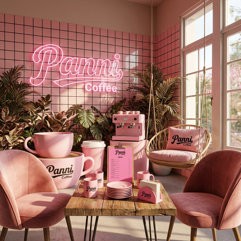 生成品牌体验区或小型咖啡桌场景，展示品牌互动装置或店内拍照打卡点，（将参考图中的LOGO及品牌色配色）融入场景装修或物件，环境温馨有质感，光线自然通透。