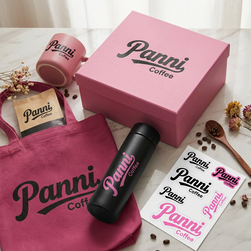 生成品牌周边展示图，如礼盒、保温杯、手提袋、贴纸等，（将参考图中的LOGO）在各周边产品上合理呈现，延续品牌配色，造型简约高级，适合礼赠与品牌延展。