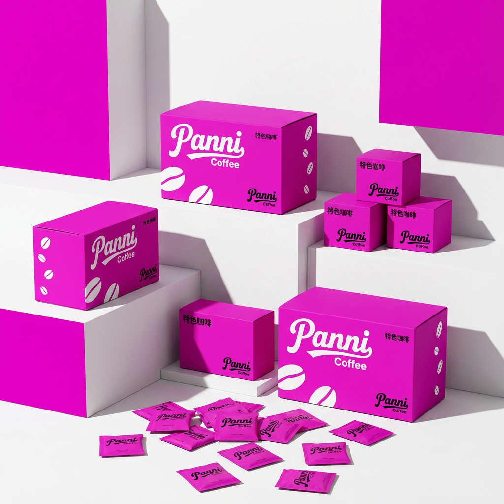 现代简约风格咖啡产品包装展示，（将参考图中的LOGO保持一致不要出现变形）白色背景搭配提供的品牌色（保持提示词的主色）几何色块。画面主体为多个品牌色包装盒，包括大盒（印有白色品牌名称和咖啡豆剪影）、小盒，均印有 “特色咖啡” 字样和黑色品牌标识。包装盒下方散落着同色系的小包装袋。整体构图采用高低错落的排列方式，光线从左上角斜射，形成清晰的阴影，突出包装盒的立体感和色彩对比，展现产品系列的多样性与品牌视觉统一性。