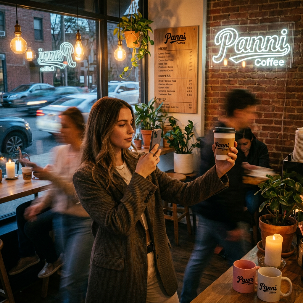设计社交分享场景图，顾客手持带有（将参考图中的LOGO）的咖啡拍照，咖啡店场景中（将参考图中的LOGO）融入装修或物件，场景抓拍，独特的拍摄角度，非对称，动态模糊，低光环境，意境，自然色彩，丰富层次感，细腻画质，真实，光影变幻，虚化柔和过渡，胶片质感，电影质感，大师作品，光影自然，突出品牌时尚感和年轻气质。