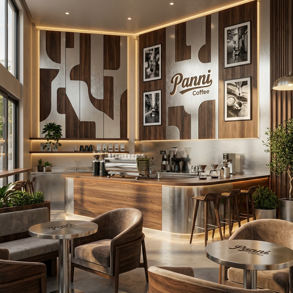 设计店内空间效果图，展示吧台、座位区、墙面装饰高级抽象插画或黑白摄影，运用黑胡桃木搭配银色不锈钢材质（将参考图中的LOGO）融入场景装修或物件中，光线温暖自然，突出空间舒适感与现代质感。