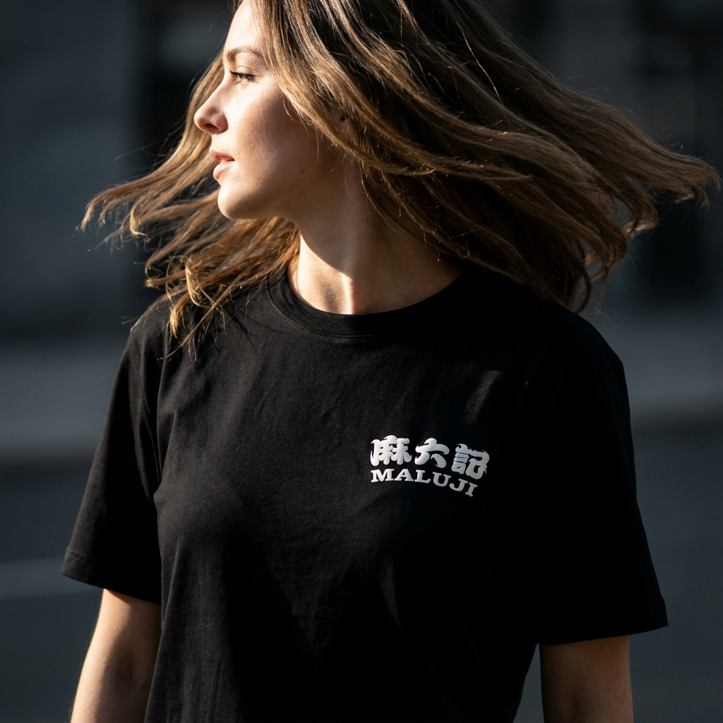 提取参考图的LOGO单独呈现，改为白色，25岁欧洲女性模特，身着黑色丝光棉T恤，白色LOGO以UV凸印工艺呈现，触感细腻有轻微立体感，侧光拍摄，光线照亮LOGO部分，与T恤暗部形成对比，模特转身回眸，发丝飘动，背景为低饱和暗色调，突出动态与LOGO焦点