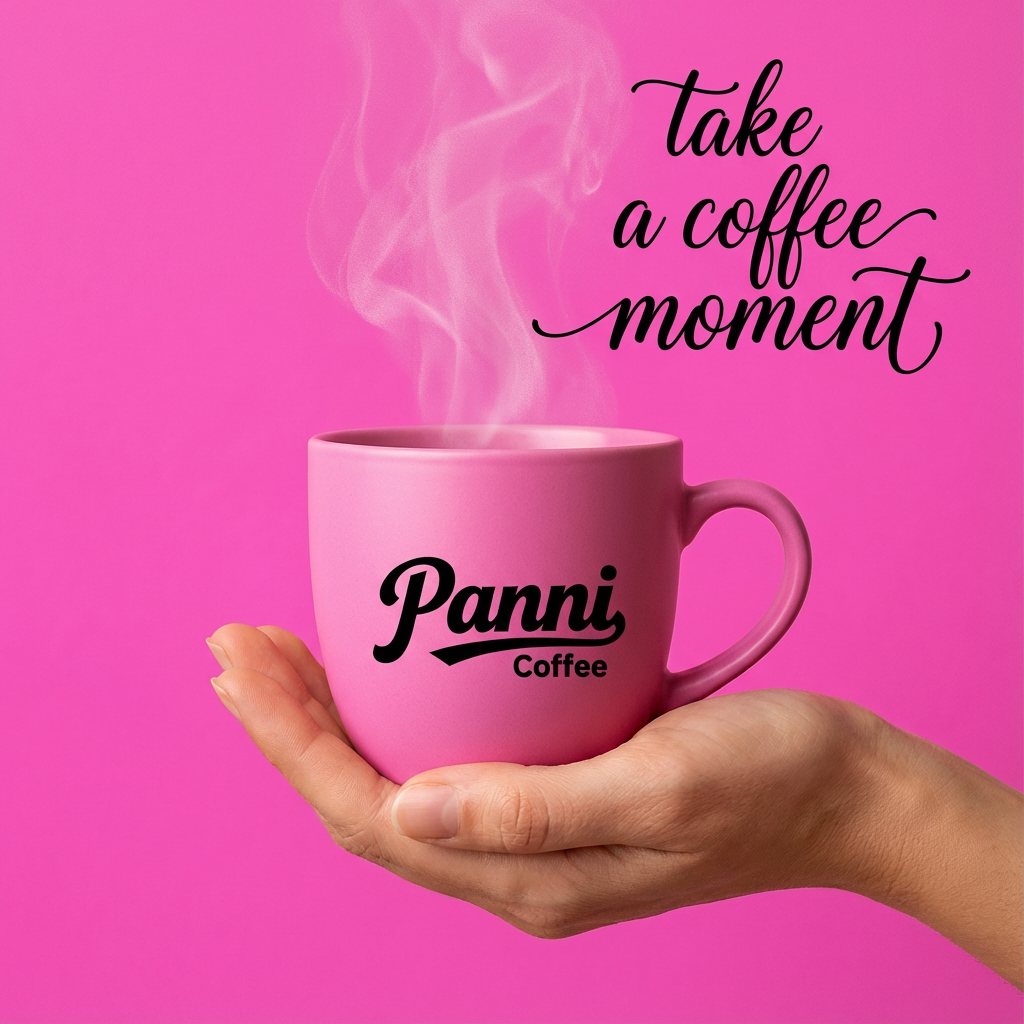 咖啡门店促销海报，以提供的主色调为背景底色，奠定温暖且具质感的视觉基调。画面核心视觉为一只肤色自然的手，端着一只哑光质感的品牌色（将参考图中的LOGO）在咖啡杯上清晰可见，手和咖啡杯比例协调，杯体简约无装饰，与背景形成鲜明色彩呼应，成为视觉焦点。海报上方，右侧用轻盈的英文书写 “take a coffee moment” ，营造轻松邀请氛围 。文字排版规整，信息清晰易读，整体风格简约直接，精准传递咖啡门店温馨、美味且注重品质的品牌形象。