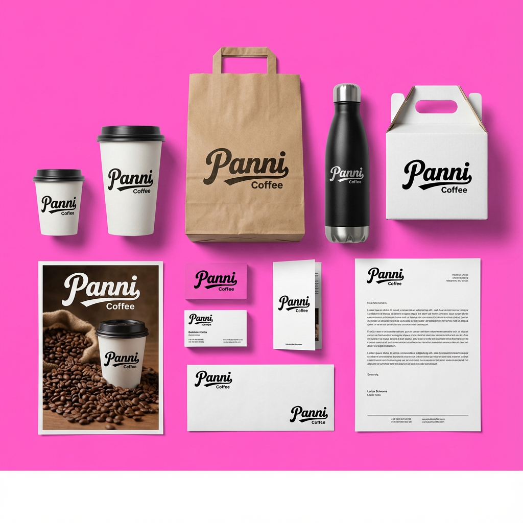 生成咖啡产品展示图，品牌VI展示，它包括纸质杯、外带袋、水杯、纸盒、印刷海报、名片、小册子、信纸设计、纯色、简单的背景、平面布局和极简美学、高分辨率摄影、高质量细节、高细节，顶级商业表现形式延续品牌色调，（将参考图中的LOGO 保持一致不要出现变形）在相应载体上合理呈现，突出饮品品质与品牌形象。