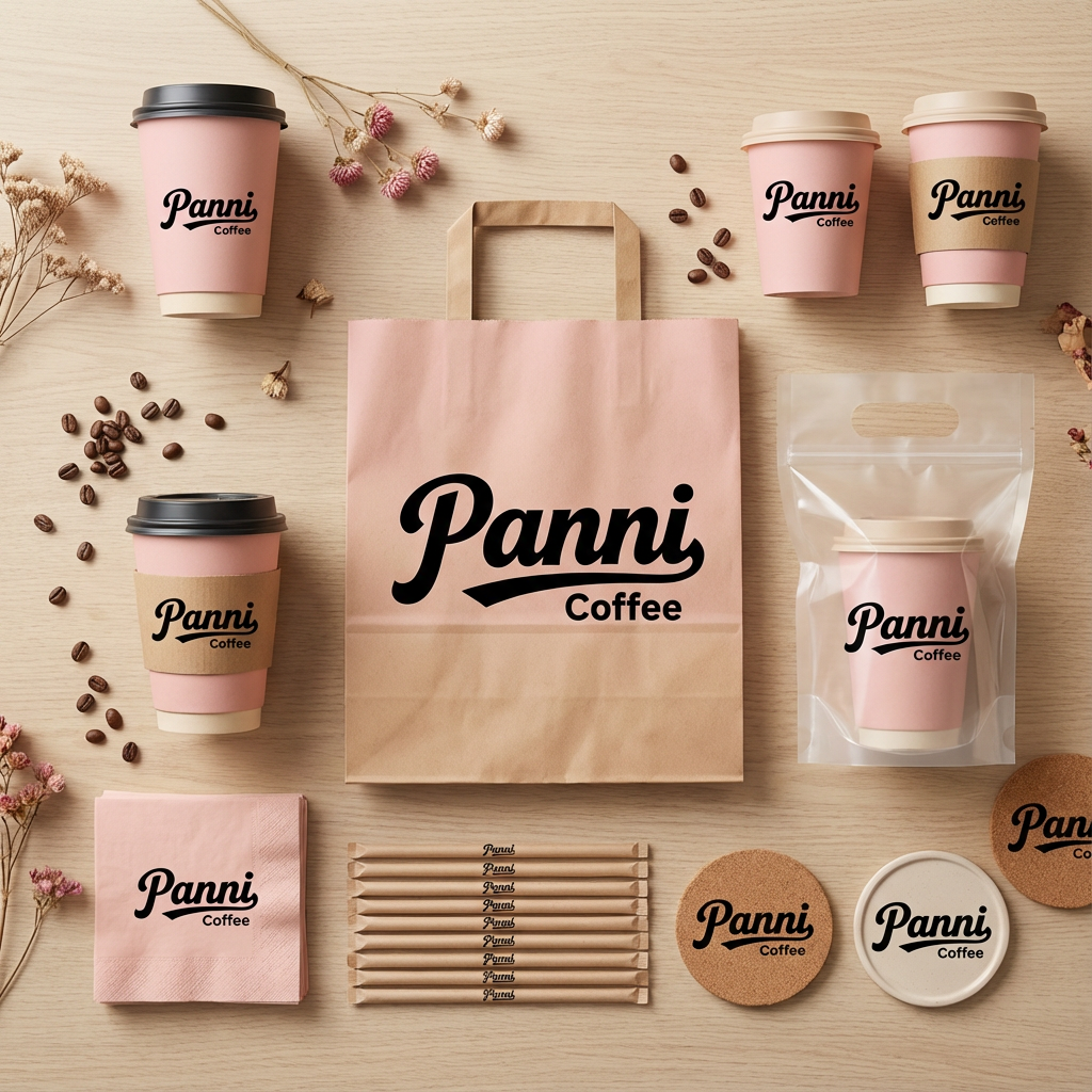 设计咖啡产品平铺拍摄图，包含纸杯、手提袋、打包袋、吸管包装、餐巾纸、杯垫等，（将参考图中的LOGO）在各产品上清晰展示，色彩统一，光影柔和，呈现高级整洁感。