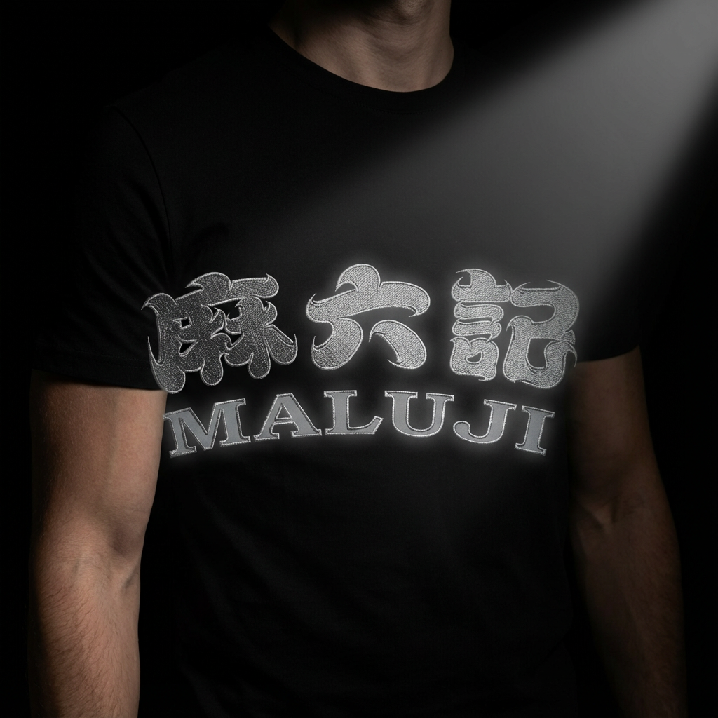 提取参考图的LOGO单独呈现，改为银灰色，25岁欧洲男性模特，穿黑色修身T恤，银灰色LOGO采用镂空刺绣+内嵌反光条工艺，暗光环境拍摄，局部射灯斜照LOGO，反光条呈现柔和光泽，不刺眼，模特手臂自然弯曲，T恤贴合身形却不紧绷，背景为极简黑色，突出LOGO细节