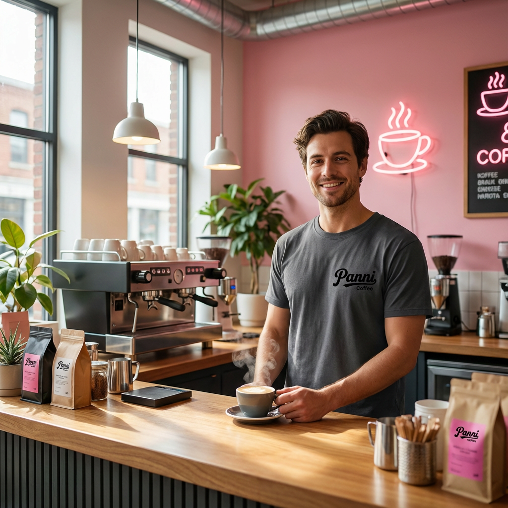 生成员工形象展示图，员工穿着纯色工作服，（将参考图中的LOGO）在工作服上清晰可见，员工站在吧台或店内（空间保持品牌一致性），姿态自然，光线柔和。