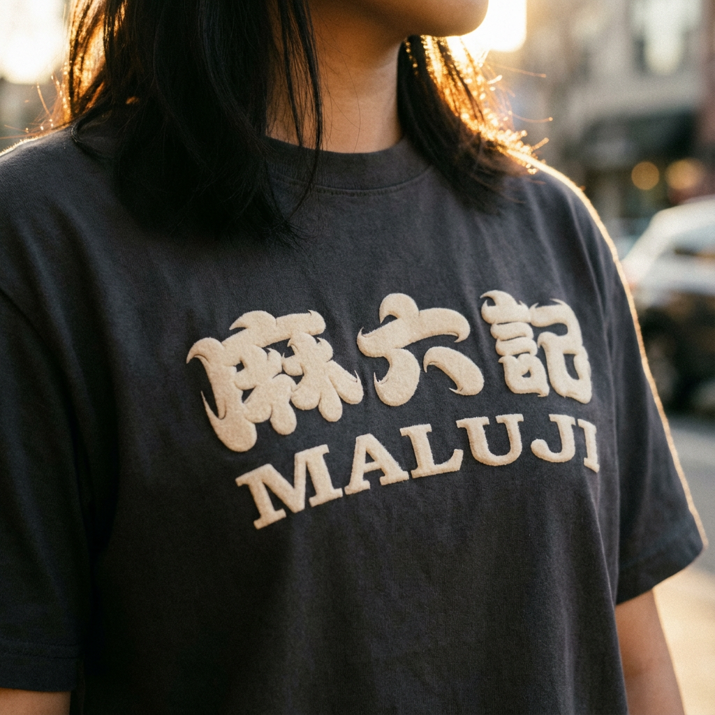 提取参考图的LOGO单独呈现，改为米白色，25岁亚洲女性模特，身着深灰纯色T恤，米白色LOGO以植绒印花工艺呈现，触感立体柔软，逆光侧拍，光线透过发丝与T恤边缘，形成柔和光晕，LOGO在侧光下呈现轻微阴影，增强层次感，背景虚化呈低饱和色调，电影感十足