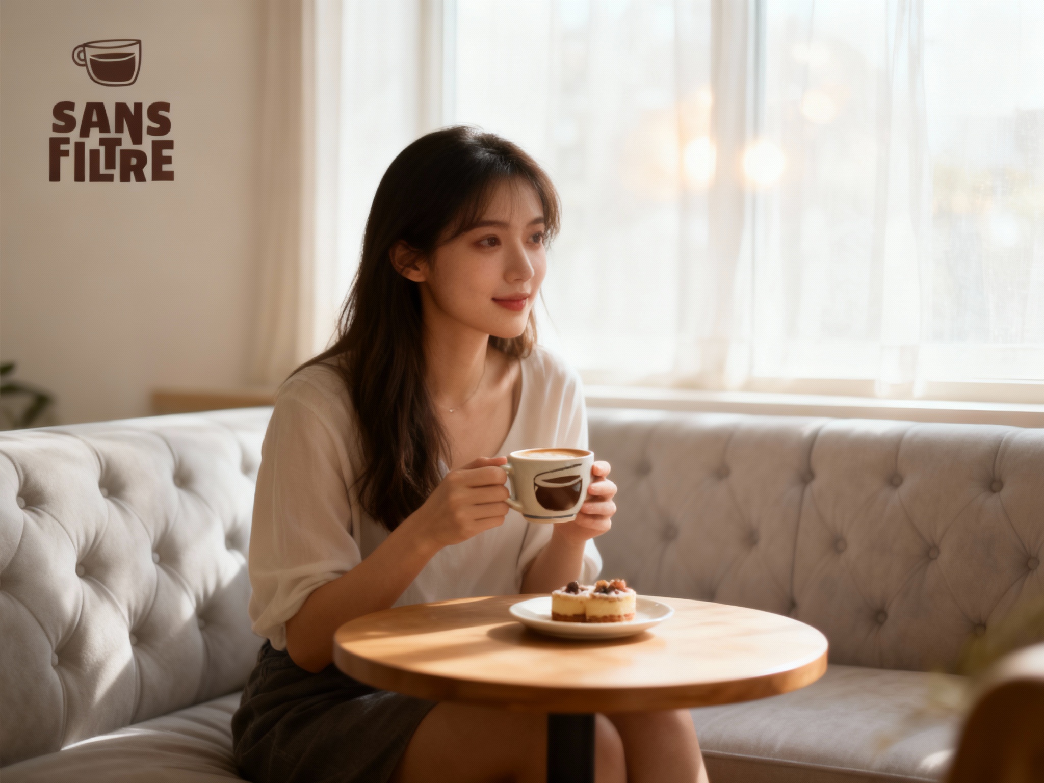 生成温馨INS风格顾客享受咖啡时光的场景图。画面中心是一位年轻女性坐在靠窗的软垫沙发上，手中捧着采用釉彩工艺将图1 LOGO自然融入杯身设计的咖啡杯，面前的小圆桌上摆放着精致的小甜点。背景是柔和的自然光透过窗纱洒入，形成温暖的光斑。整体色调以米白、浅灰、原木色为主，搭配少量莫兰迪色系装饰。 ，使用85mm镜头，F18光圈，背景虚化，突出人物和咖啡杯的细节，营造惬意舒适的氛围。
