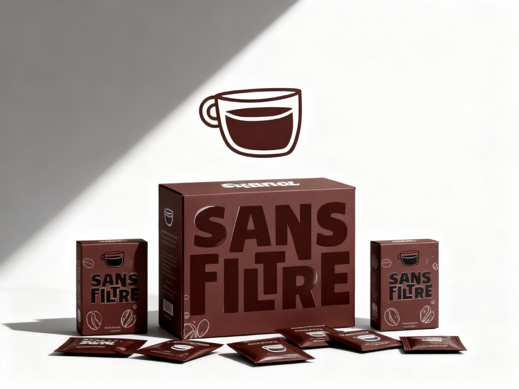 现代简约风格咖啡产品包装展示，（将参考图中的LOGO保持一致不要出现变形）白色背景搭配提供的品牌色（保持提示词的主色）几何色块。画面主体为多个品牌色包装盒，包括大盒（印有白色品牌名称和咖啡豆剪影）、小盒，均印有 “SANS FILTRE” 字样和黑色品牌标识。包装盒下方散落着同色系的小包装袋。整体构图采用高低错落的排列方式，光线从左上角斜射，形成清晰的阴影，突出包装盒的立体感和色彩对比，展现产品系列的多样性与品牌视觉统一性，包装盒设计可加入手绘风格的咖啡豆图案作为点缀。