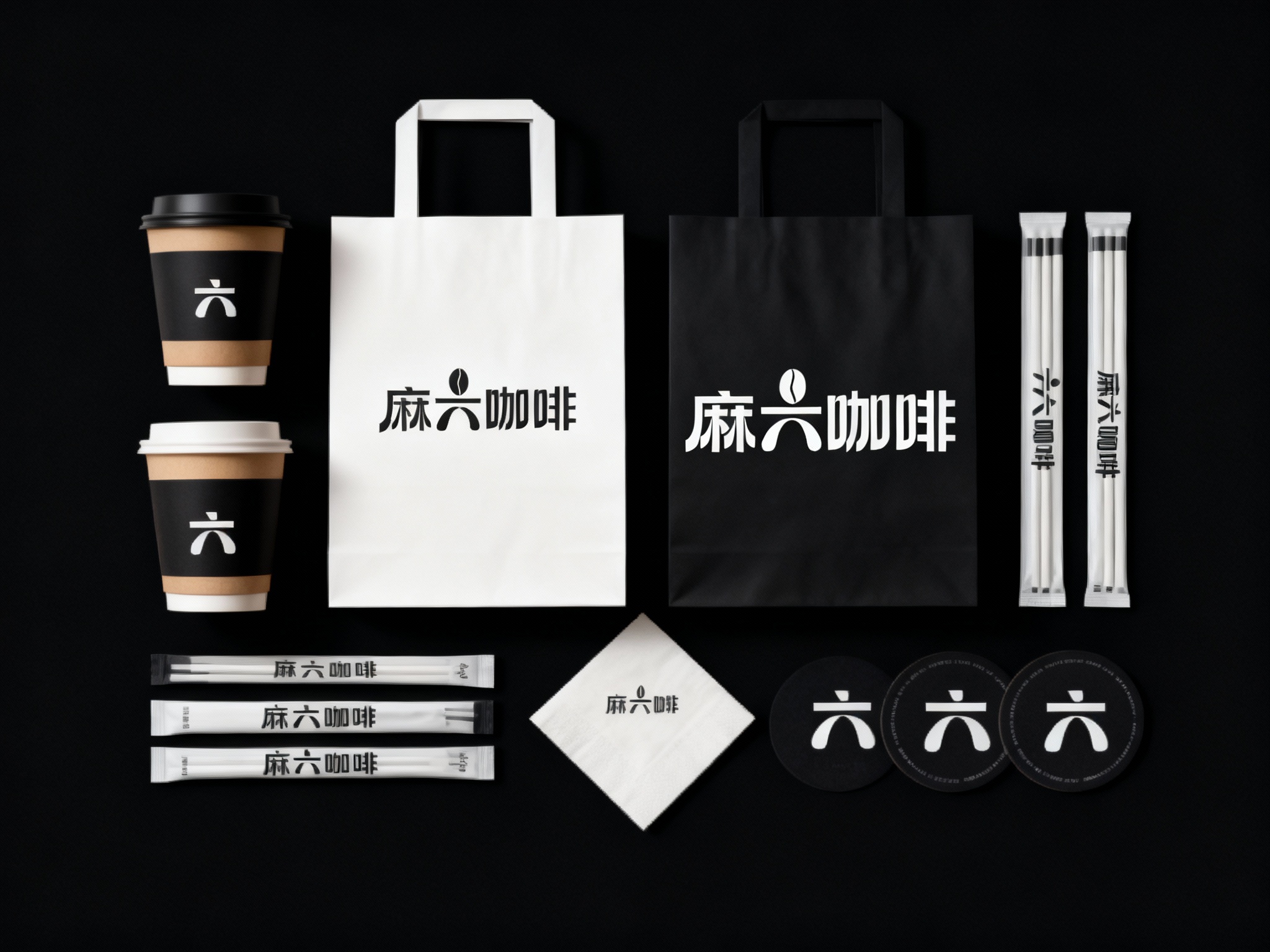 设计咖啡产品平铺拍摄图，包含纸杯、手提袋、打包袋、吸管包装、餐巾纸、杯垫等，（将参考图中的LOGO）在各产品上清晰展示，色彩统一，光影柔和，呈现高级整洁感。