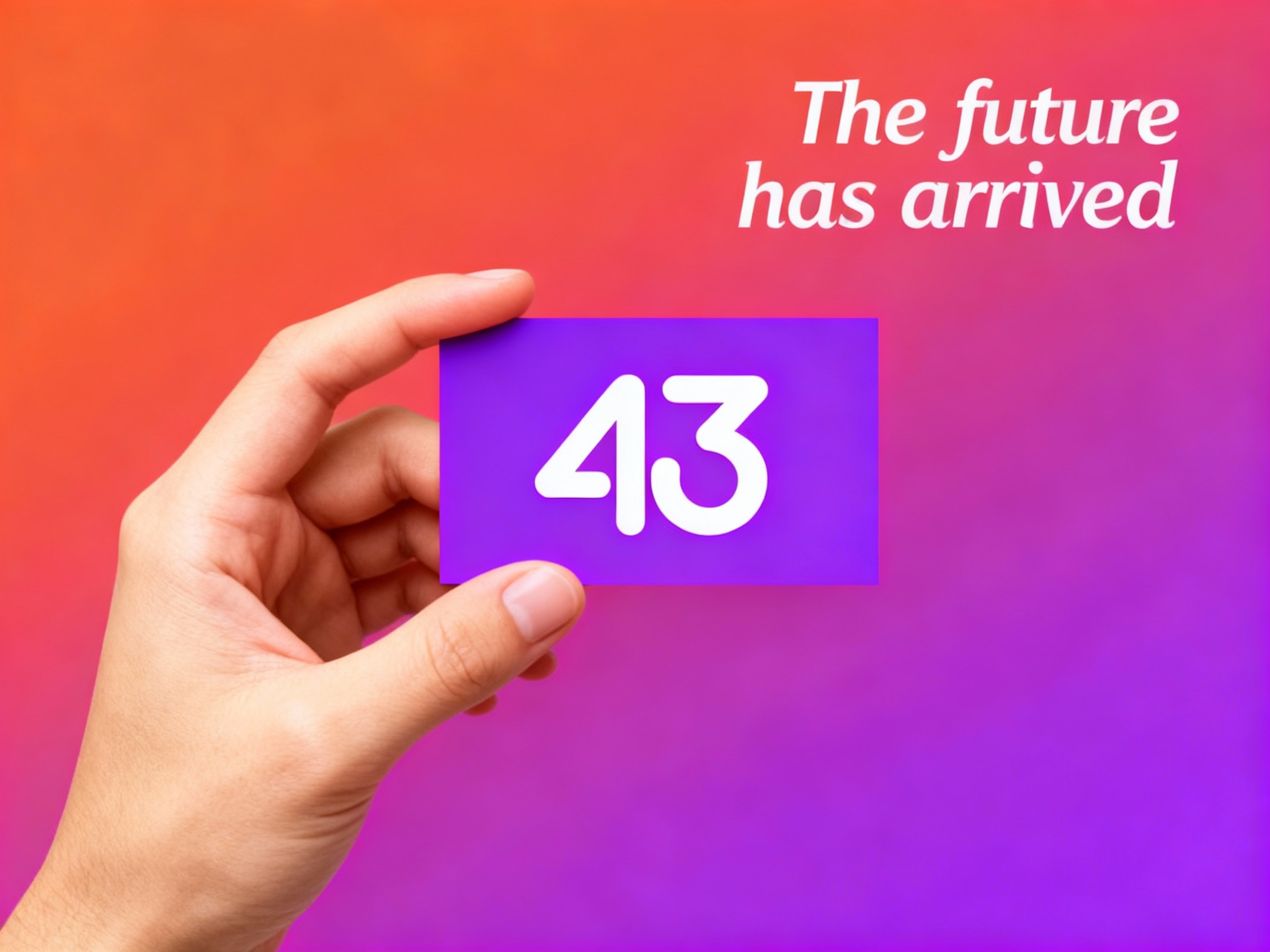 公司促销海报，以提供的主色调为背景底色，奠定温暖且具质感的视觉基调。画面核心视觉为一只肤色自然的手，拿着一张主色（将参考图中的LOGO保持一致性不要变形）在名片上清晰可见，手和名片比例协调，名片简约无装饰，与背景形成鲜明色彩呼应，成为视觉焦点。海报上方，右侧用轻盈的英文书写 “The future has arrived” ，营造轻松邀请氛围 。文字排版规整，信息清晰易读，整体风格简约直接，精准传递科技未来极简美学、美味且注重品质的品牌形象。