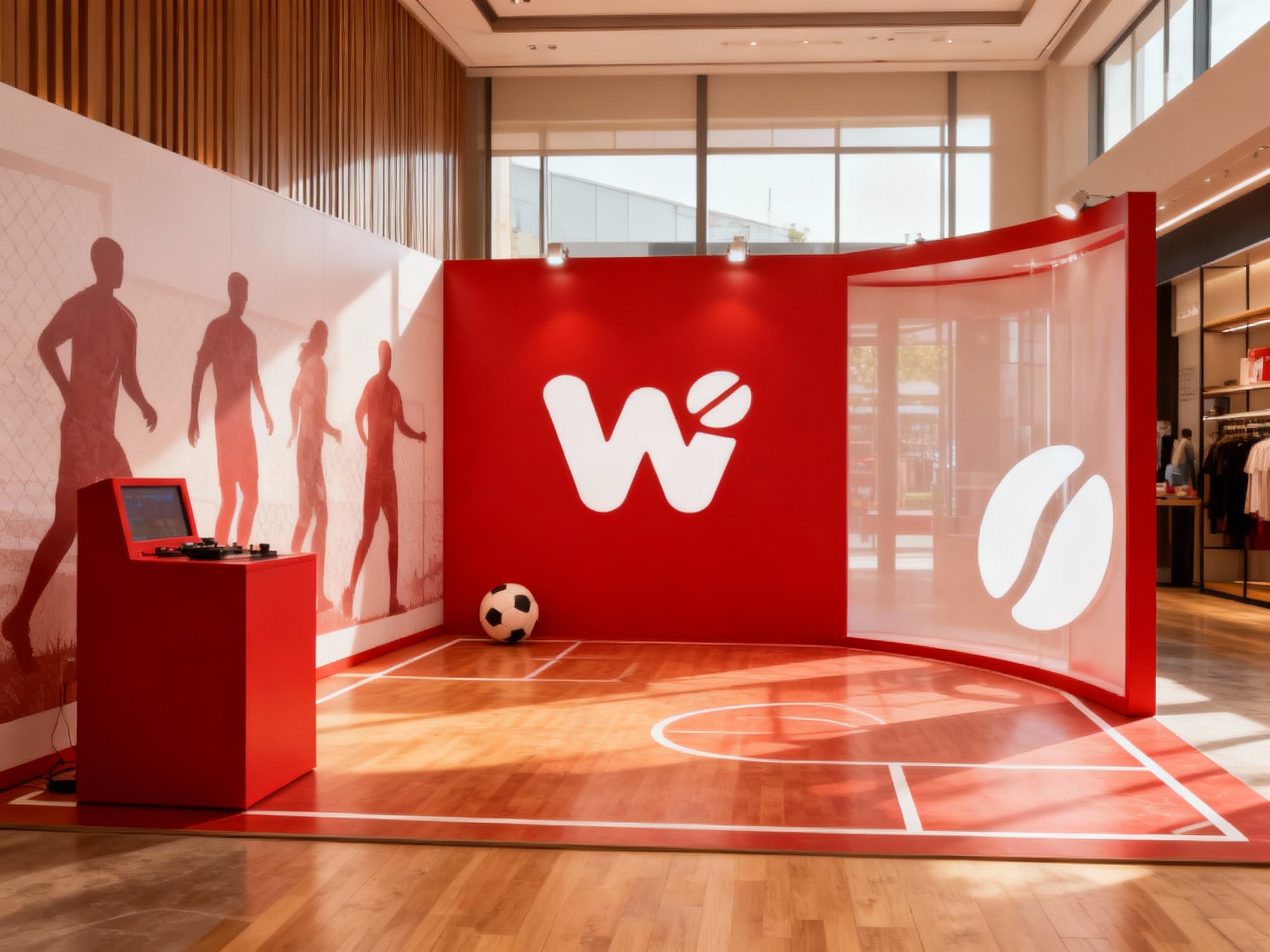 生成品牌体验区或小型咖啡桌场景，展示品牌互动装置或店内拍照打卡点，（将参考图中的LOGO及品牌色配色）融入场景装修或物件，环境温馨有质感，光线自然通透，部分区域加入足球元素的装饰，如墙上的足球剪影或地板上的线条图案，营造出时尚与运动结合的氛围。
