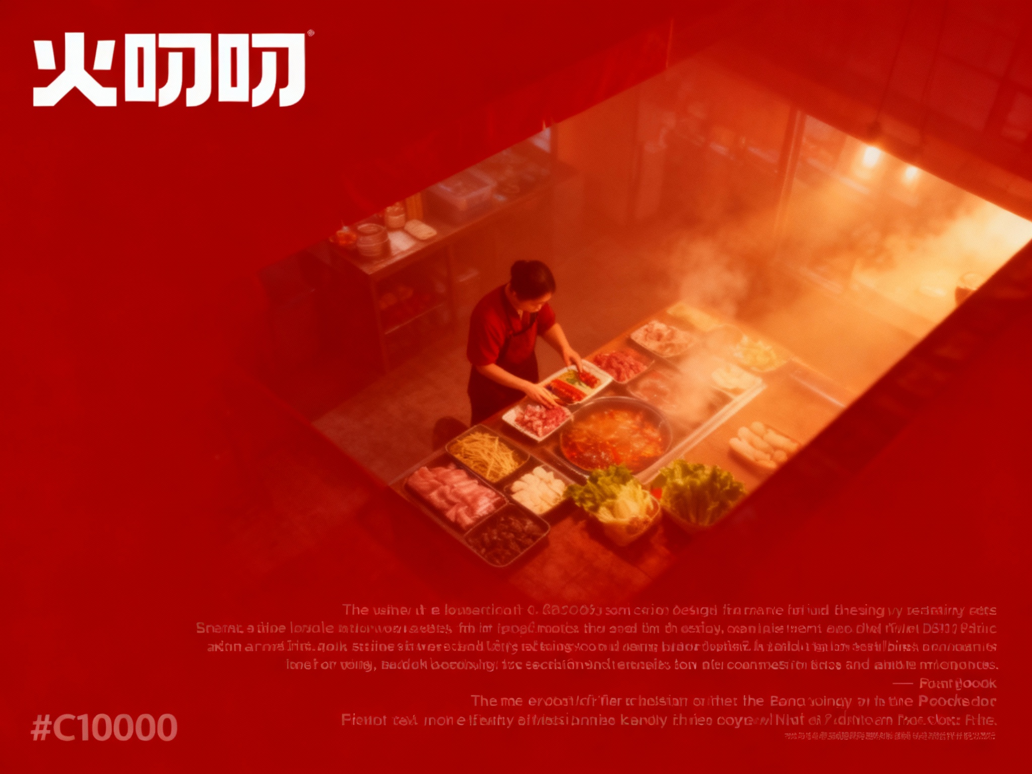 设计品牌宣传海报，画面干净，（将参考图中的LOGO）位于左上角或右上角（根据实际情况设置），大师作品，电影海报，超高质量，超精细，高级英文排版，摄影，暖光光效，朦胧，俯视，远景，精致，简单，大面积留白，背景是火锅店员整理食材的景象，温馨感，超现实主义+精致主义 + 简单色块+柔和配色+ 摄影艺术 + 细节丰富+ 封面美学 +延续#C10000背景+电影级照明，4k高清，排版简洁有视觉冲击力，符合社交平台分享特性。