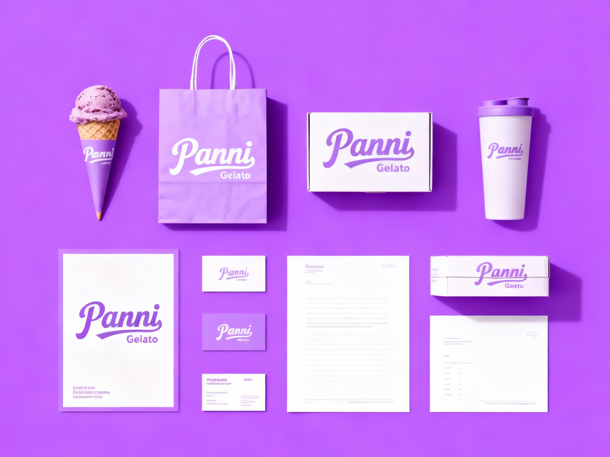 生成冰淇淋产品展示图用主色 #紫色 ，品牌VI展示，它包括冰淇淋纸筒、外带袋、水杯、纸盒、印刷海报、名片、小册子、信纸设计、纯色、简单的背景、平面布局和极简美学、高分辨率摄影、高质量细节、高细节，顶级商业表现形式延续品牌色调，（将参考图中的LOGO 保持一致不要出现变形）在相应载体上合理呈现，突出饮品质感与品牌形象。