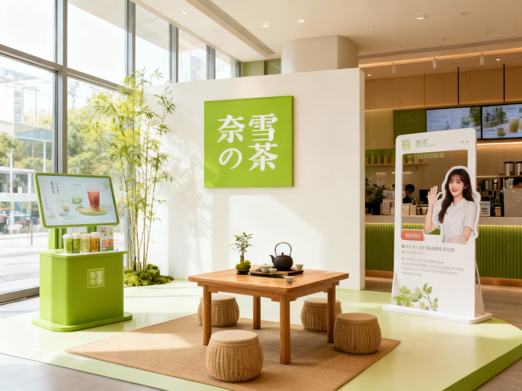 生成品牌体验区或小型茶桌场景，展示品牌互动装置或店内拍照打卡点，（将参考图中的LOGO及品牌色配色）融入场景装修或物件，环境温馨有质感，光线自然通透。