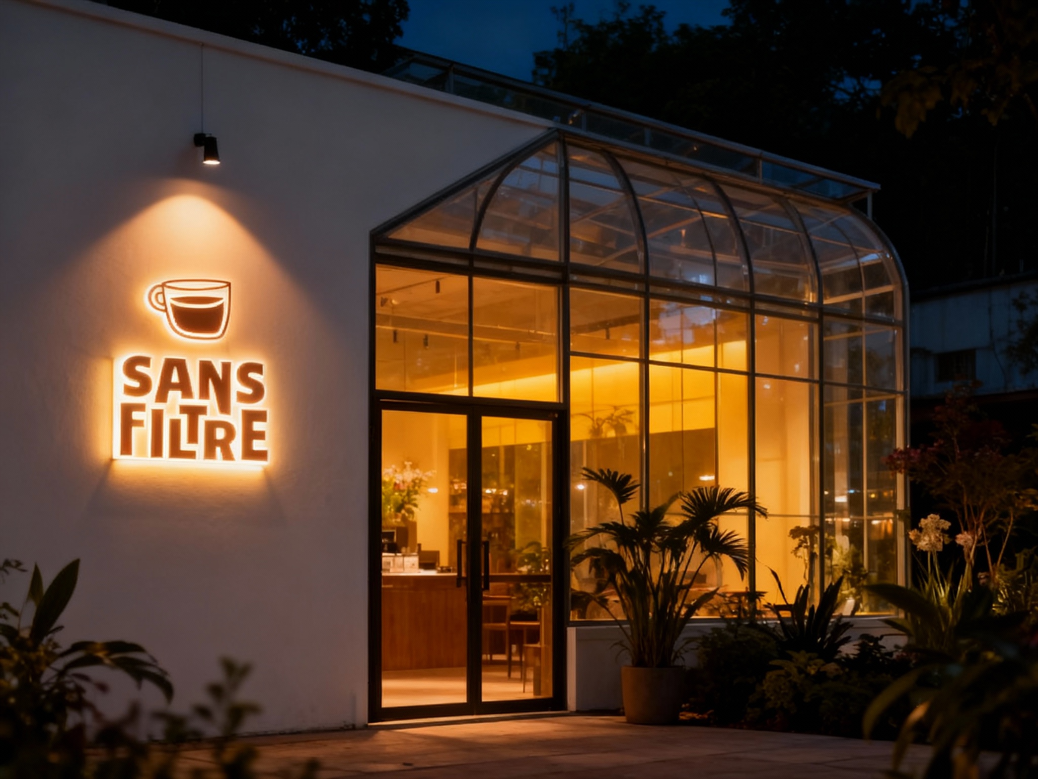 设计夜景门头及灯箱效果图。咖啡店的白色墙面在暖色地灯的照射下显得温馨，巨大的落地窗透出室内的暖黄光。门口的植物在夜色中姿态优美。（智能提取参考图中的LOGO主体并去除原背景）制作成发光灯箱，只有LOGO线条部分发光，背景透明或镂空，成为视觉焦点。整体氛围静谧、高级，像一个发光的玻璃花房。