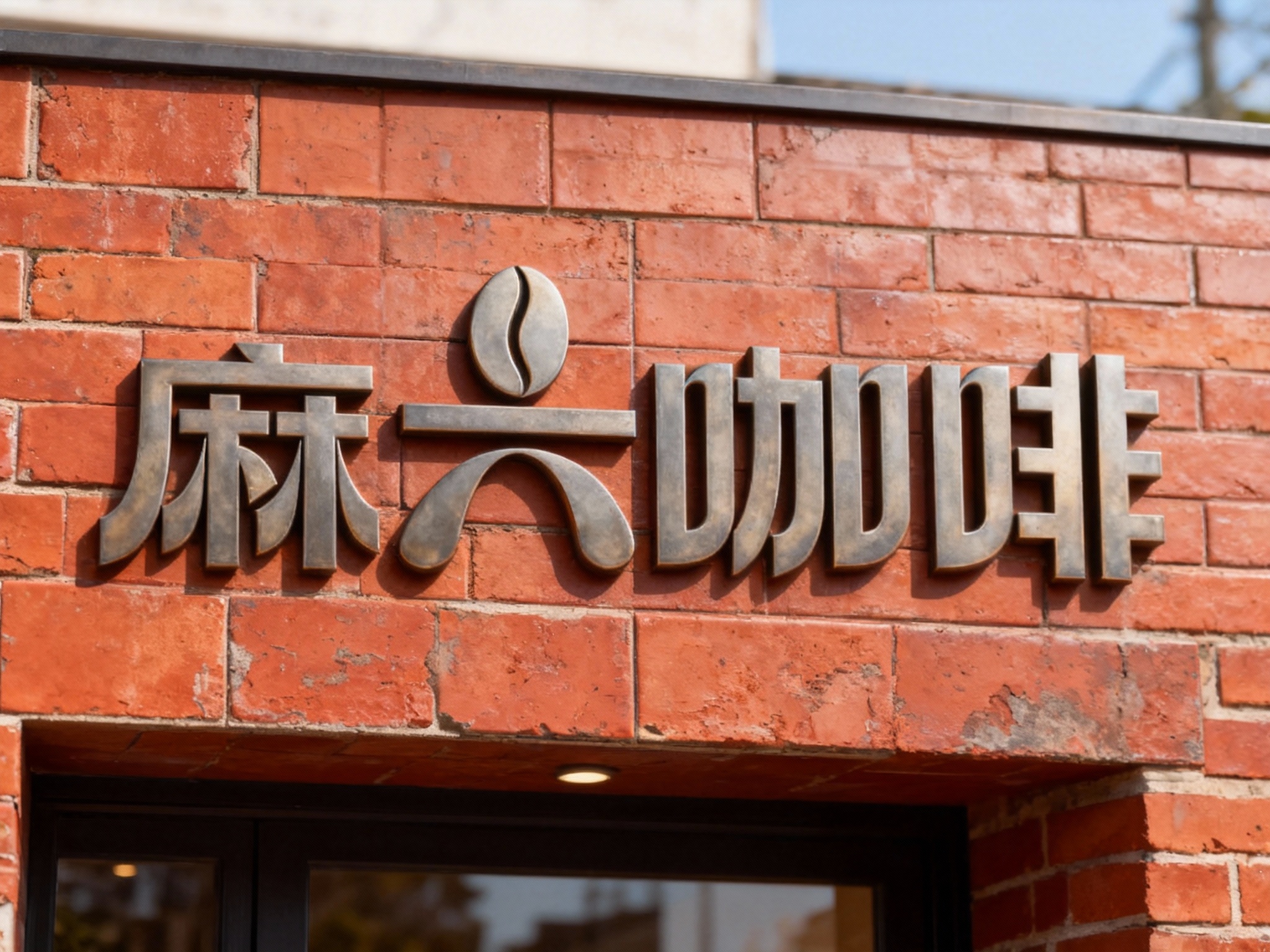 现代红砖纹门头特写，墙面采用仿红砖纹理的哑光瓷砖无缝铺贴，底板无做旧粗糙痕迹，LOGO以哑光金属立体字嵌入式安装，无外露固定件，白天自然光下金属色与砖纹质感协调，适配文创/咖啡门店