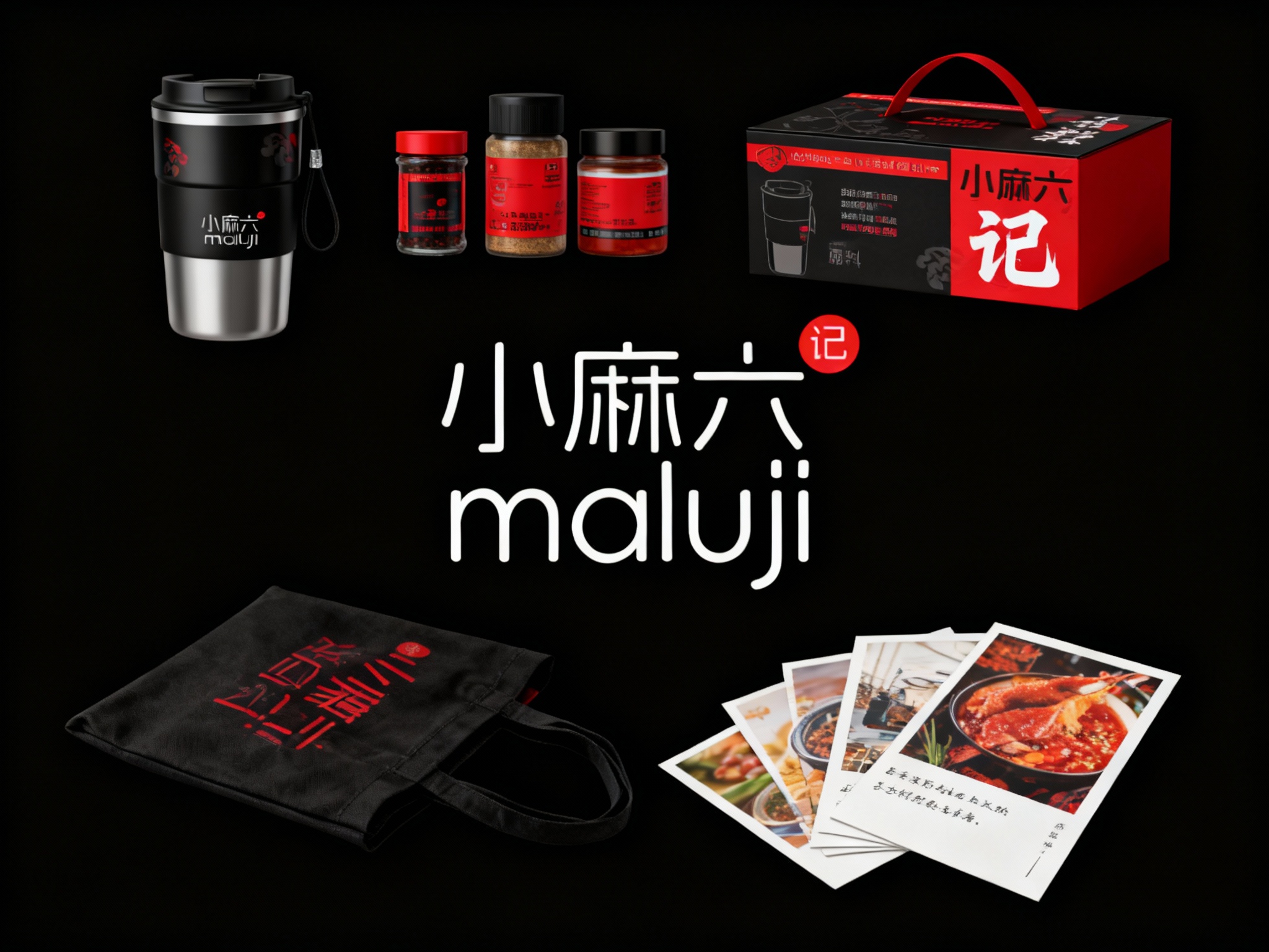 生成品牌限定礼盒或周边产品展示图（保温杯、调料礼盒、布袋、明信片等），风格统一，融合品牌黑红色调与设计语言，体现年轻餐饮品牌的文化延展性。