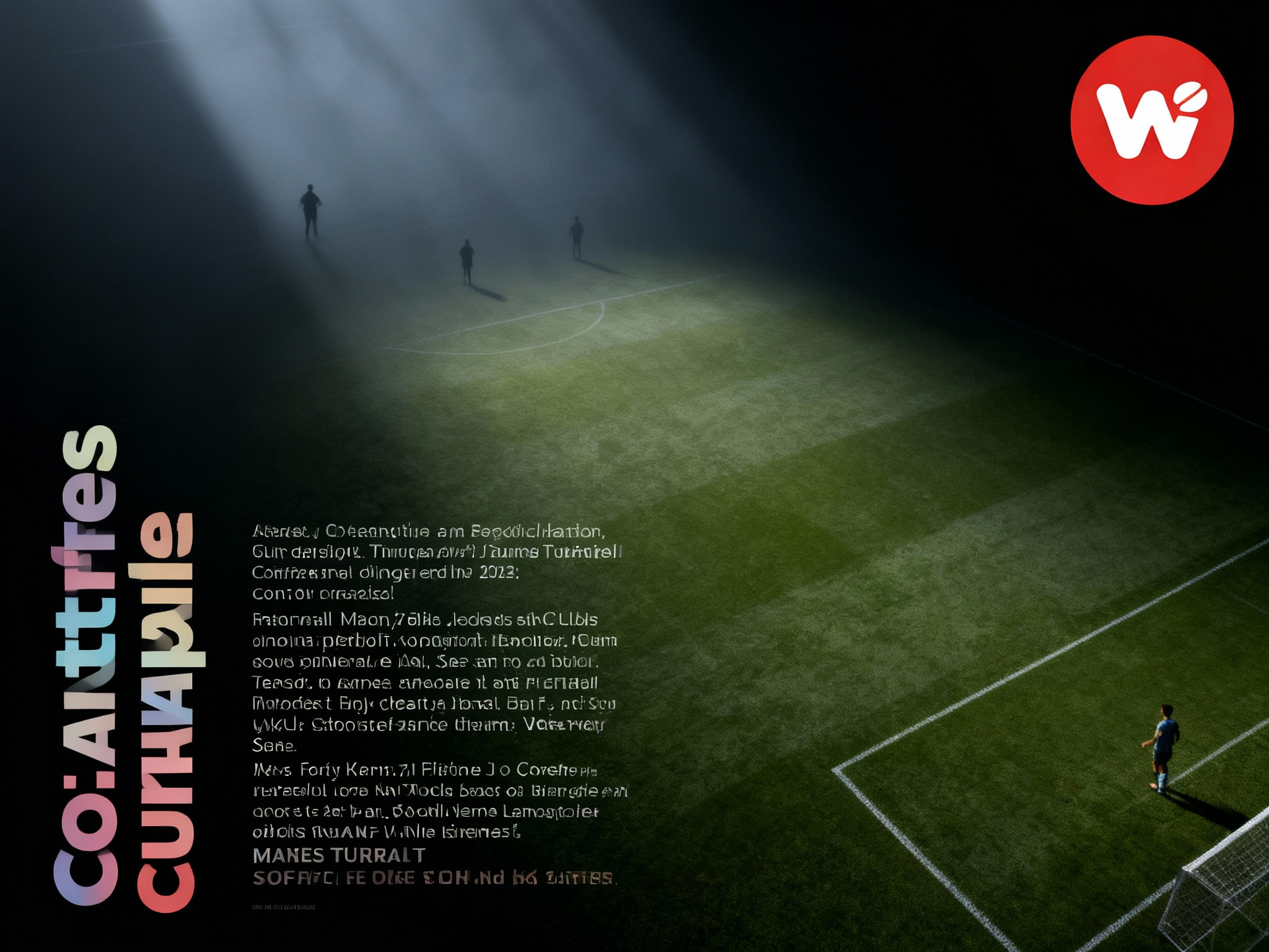 设计品牌宣传海报，画面干净，（将参考图中的LOGO ）位于左上角或右上角（根据实际情况设置），大师作品，电影海报，超高质量，超精细，高级英文排版，摄影，丁达尔光效，朦胧，俯视，远景，极简，简单，极简风格，大面积留白，James Turrell，背景是足球场或球员剪影，压迫感，超现实主义+极简主义 + 简单色块+ 马卡龙配色+ 摄影艺术 + 细节丰富+ 封面美学 +黑色背景+电影级照明，4k高清，排版简洁有视觉冲击力，符合社交平台分享特性，整体风格融合足球竞猜的激情与咖啡的优雅。