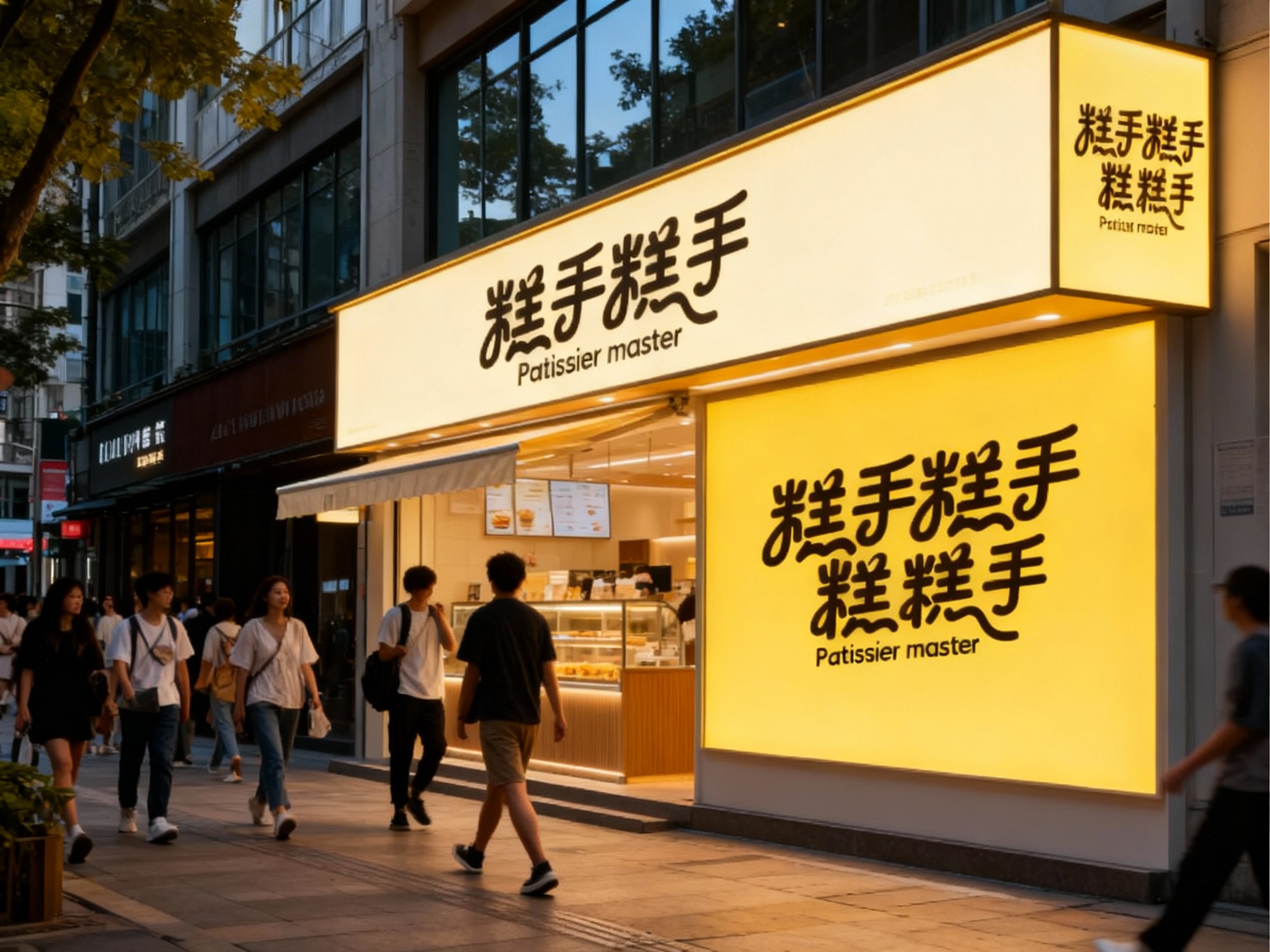 生成户外街景广告效果图，LOGO在门面、招牌或灯箱上明亮呈现，店铺醒目、易识别，光线自然，吸引年轻路人注意，呈现活力时尚的连锁品牌形象。