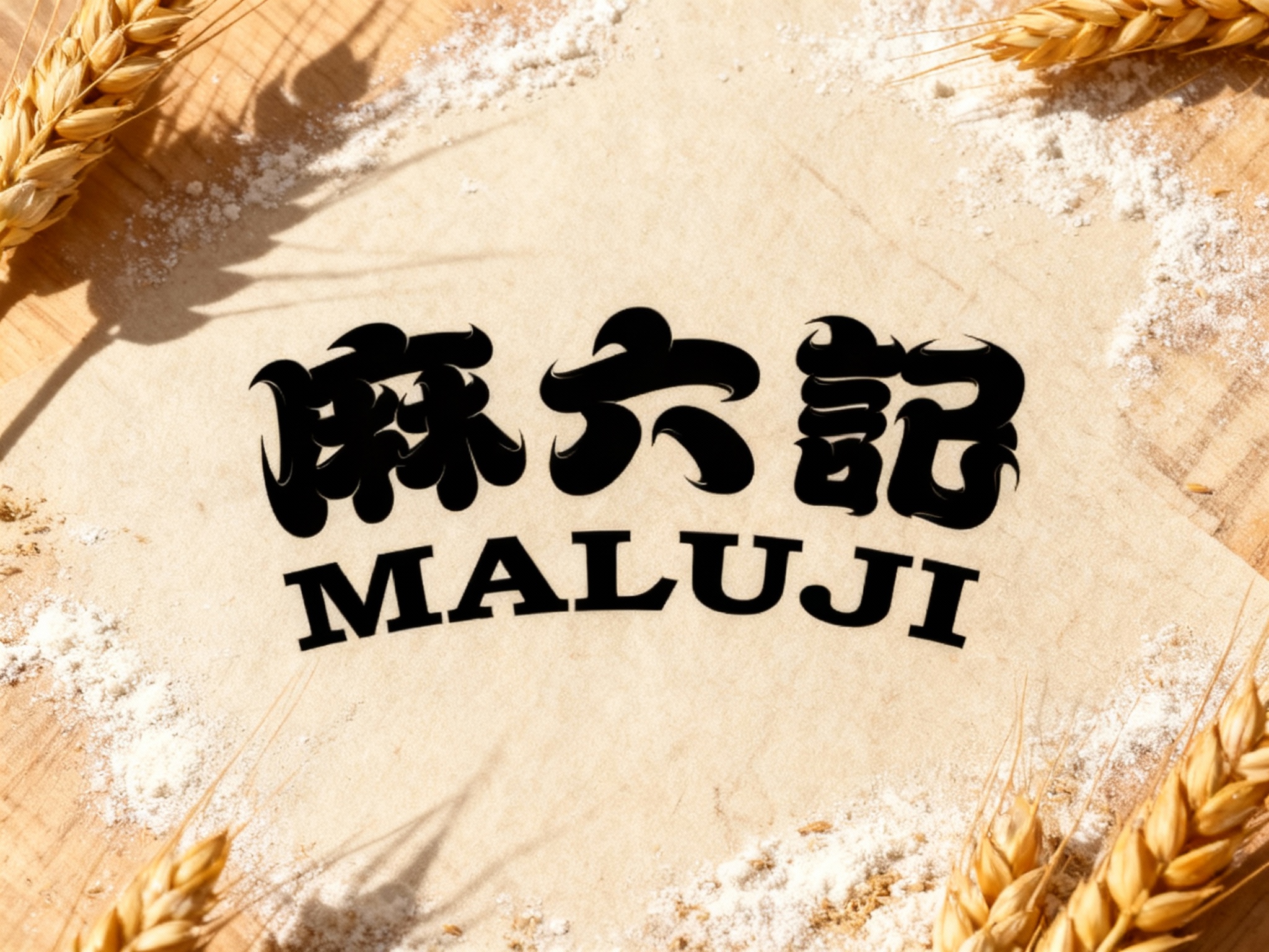 根据（智能提取参考图中的LOGO主体并去除原背景），生成纯色背景的平面LOGO展示。背景为洒有少量细腻面粉的米色原木板，或者带有麦麸纹理的艺术纸。画面边缘有几根金黄的麦穗投影。LOGO呈现极简的深焦糖色或哑光黑色，质感清晰，传递天然食材与手作的品牌理念。