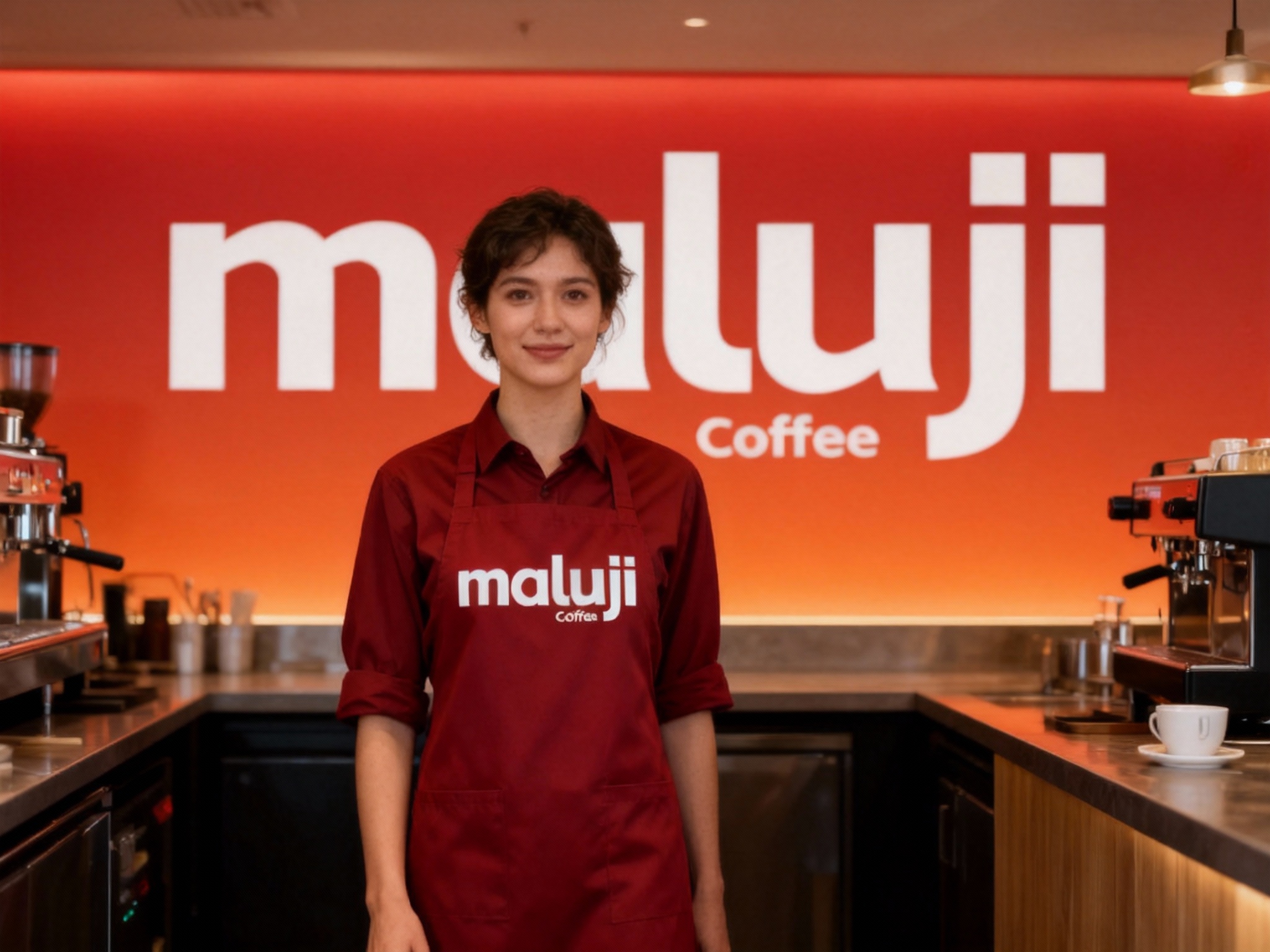 生成员工形象展示图，员工穿着纯色工作服，（将参考图中的LOGO）在工作服上清晰可见，员工站在吧台或店内（空间保持品牌一致性），姿态自然，光线柔和，背景为红色或橙色渐变。