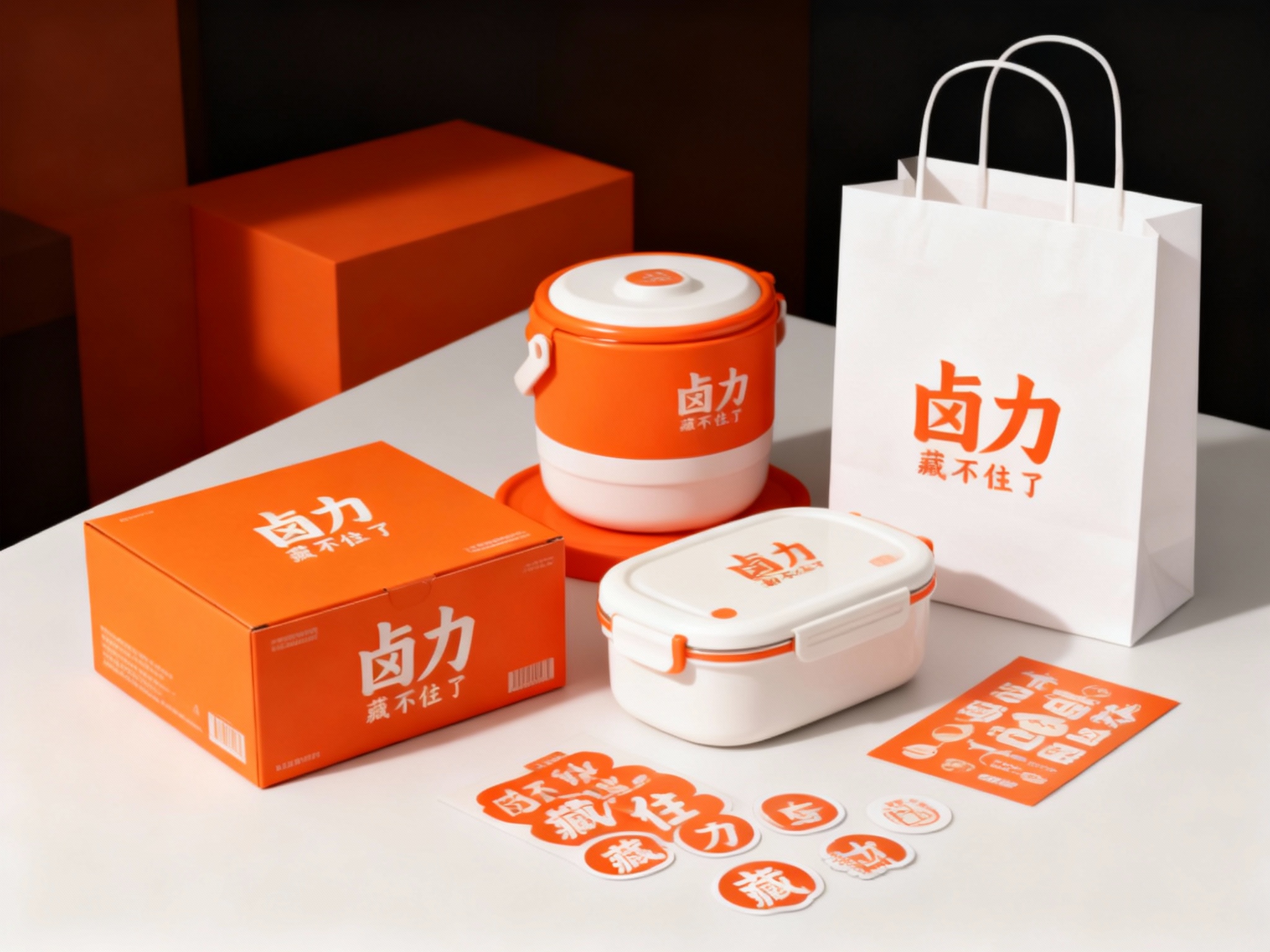 生成品牌周边展示图，如礼盒、保温饭盒、手提袋、贴纸等，（将参考图中的LOGO）在各周边产品上合理呈现，延续品牌配色，造型简约高级，适合礼赠与品牌延展。