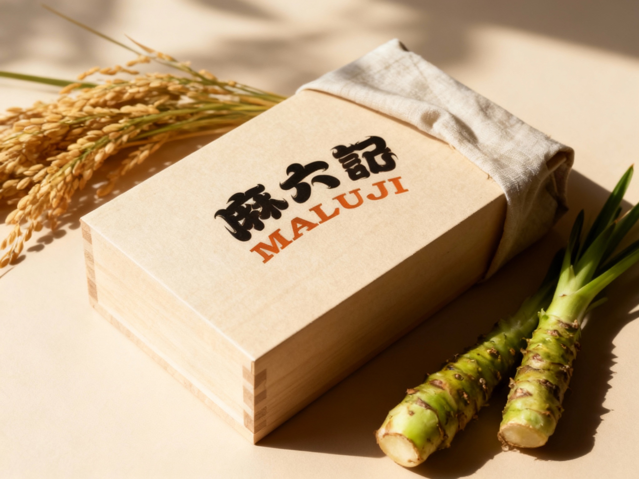 高端日式食品包装展示。包装盒采用桐木盒或高级质感的米色纸盒，（智能提取参考图中的LOGO主体并去除原背景）采用黑色烫印或激光雕刻工艺。包装盒用日式风吕敷（Furoshiki）布料半包裹，旁边摆放着新鲜的山葵或稻穗。光线模拟自然天光，阴影柔和，展现食材的天然与包装的礼品感。