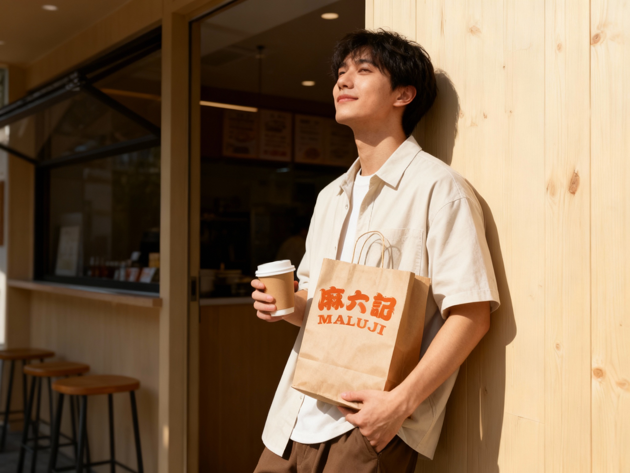 模特时尚探店风格。一位穿着简约日系或City Boy风格的年轻人，手里拿着印有（智能提取参考图中的LOGO主体并去除原背景）的外带纸袋或咖啡杯，随意地靠在面馆门口的米色木墙上。阳光打在脸上，背景是极简的店铺外观，展现“吃面也可以很时尚”的生活态度。