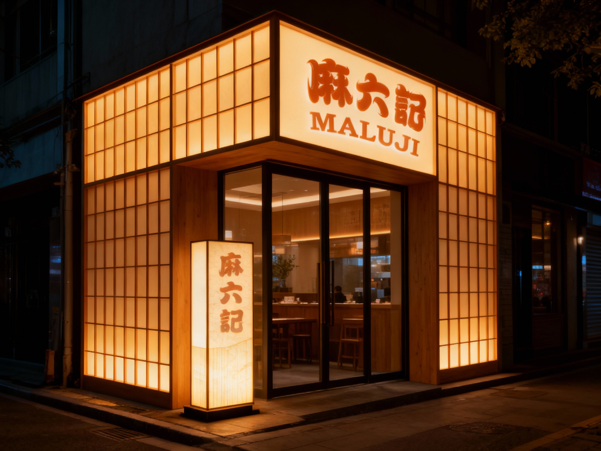 设计夜景门头及灯箱效果图。店面像一个温暖的发光盒子，米色木格栅在暖黄灯光下显得格外温馨。门口设立一个设计感极强的落地灯箱，（智能提取参考图中的LOGO主体并去除原背景）在灯箱上发光，材质为磨砂亚克力或和纸效果。街道安静，店内的烟火气透过玻璃温暖人心，吸引路人驻足。