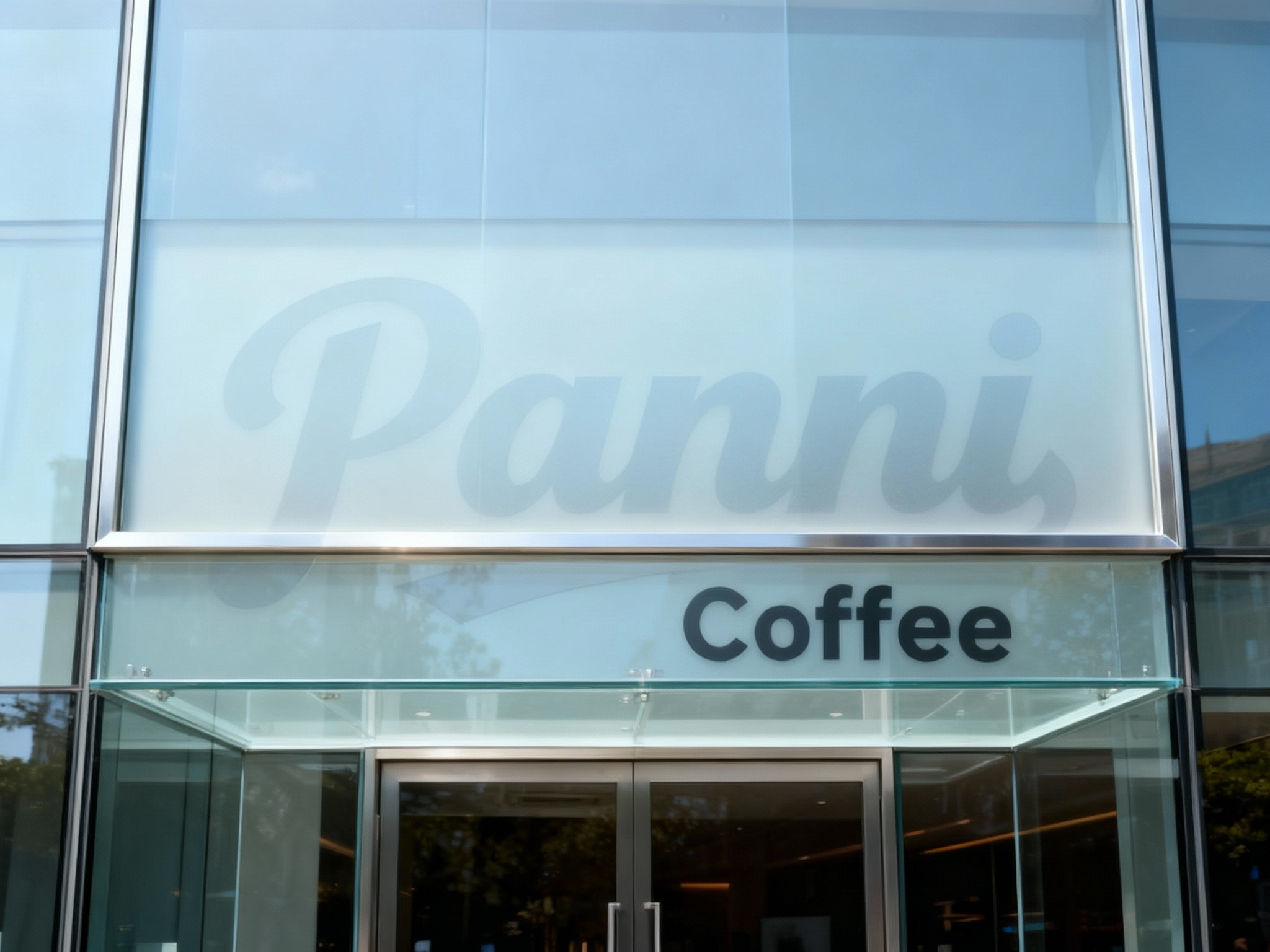 玻璃幕墙门头特写，采用超白钢化玻璃+渐变磨砂涂层，底板通透整洁，LOGO以低温丝印工艺印于玻璃内侧，无胶痕残留，搭配哑光金属无缝边框收口，现代感极强，白天光线通透不刺眼