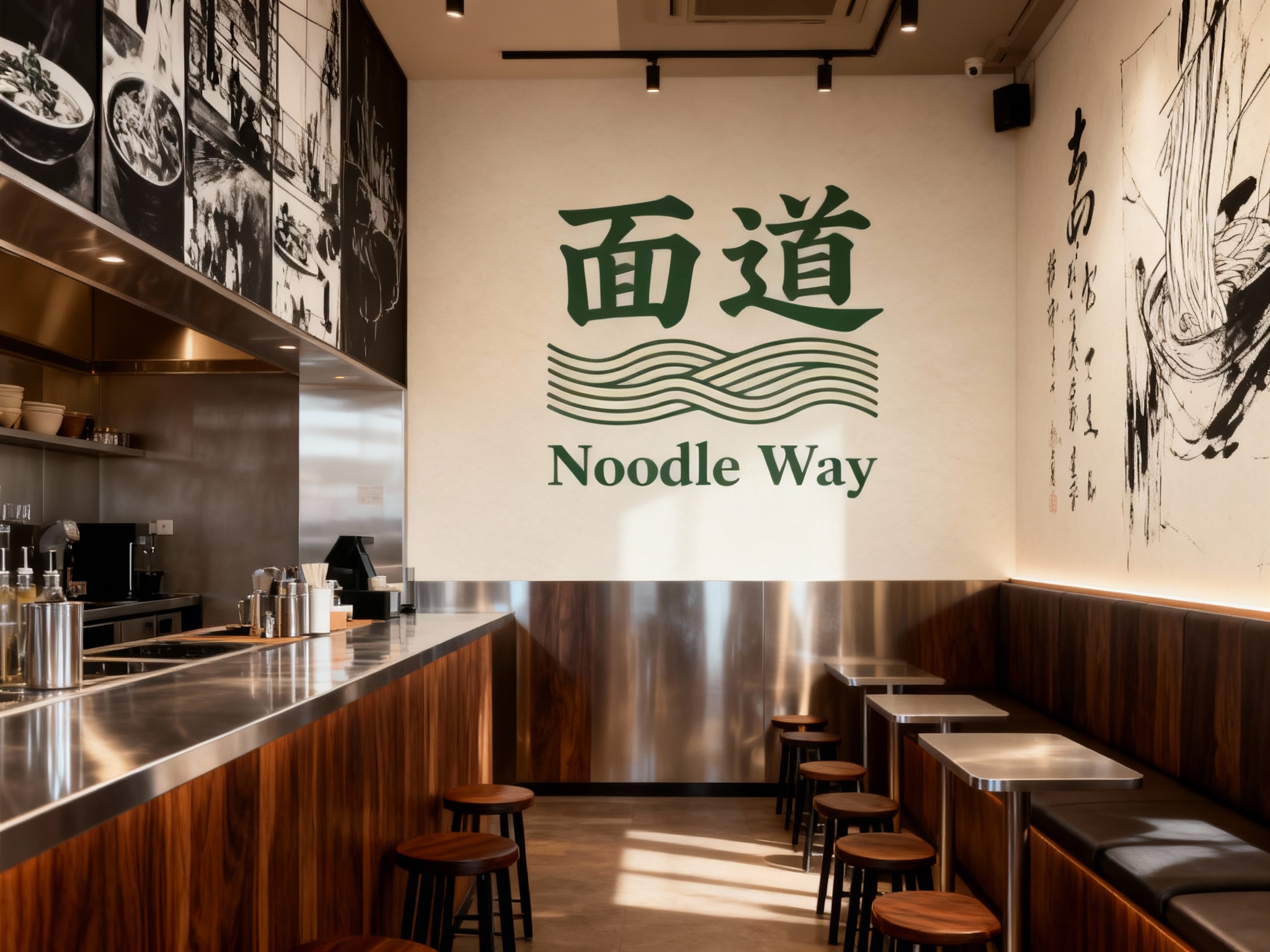 设计店内空间效果图，展示吧台、座位区、墙面装饰高级抽象插画或黑白摄影，运用黑胡桃木搭配银色不锈钢材质（将参考图中的LOGO）融入场景装修或物件中，光线温暖自然，突出空间舒适感与现代质感，墙面可加入书法艺术字装饰。