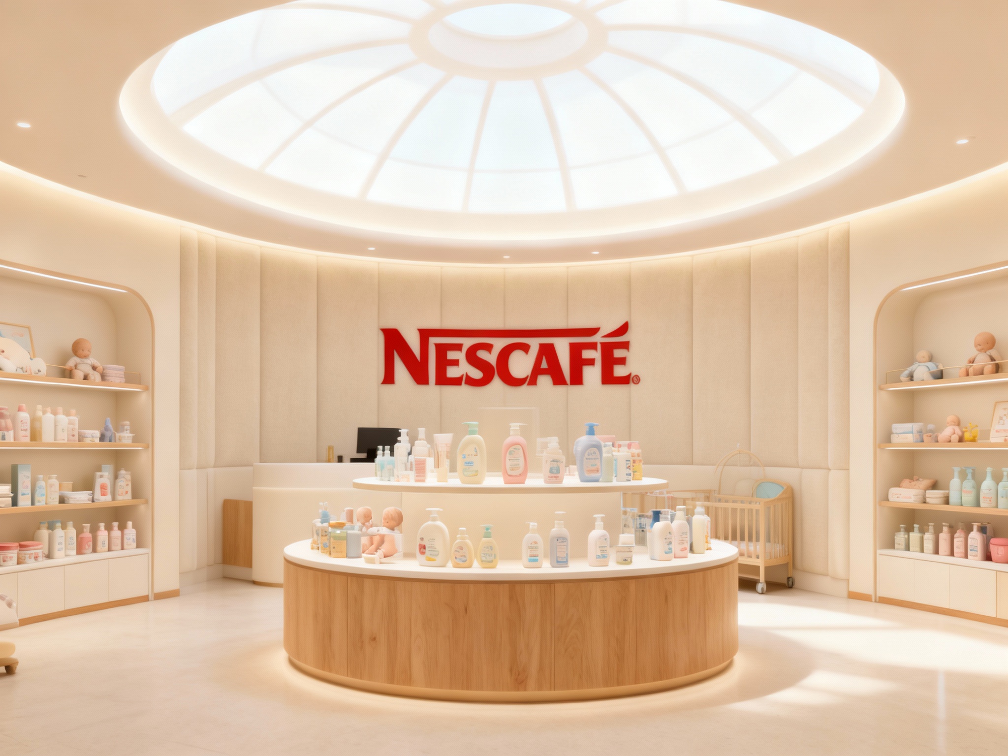 生成精致母婴店内部空间渲染图。空间主色调为温暖的奶白色和浅枫木色。可以看到中岛展示区，采用圆形的陈列台，摆放着高品质的婴儿洗护用品。天花板设计成柔和的穹顶，灯光如天光般洒落。（智能提取参考图中的LOGO主体并去除原背景）巧妙地嵌入在背景墙的软包织物上。整体氛围通透、纯净，体现国际大牌的空间美学。