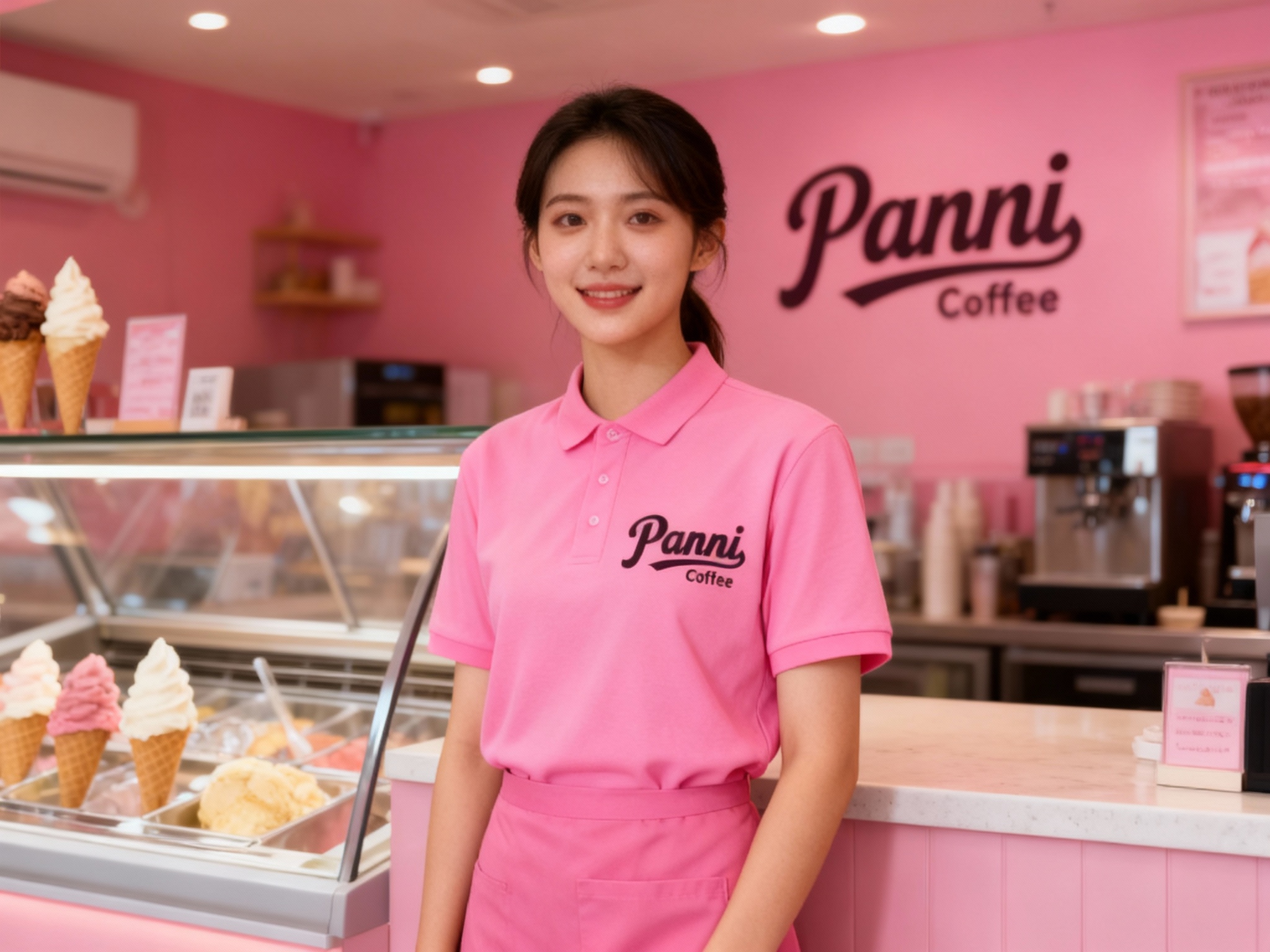 生成员工形象展示图，员工穿着纯色用主色 {主色} 工作服，（将参考图中的LOGO）在工作服上清晰可见，员工站在冰淇淋吧台或店内（空间保持品牌一致性），姿态自然，光线柔和。