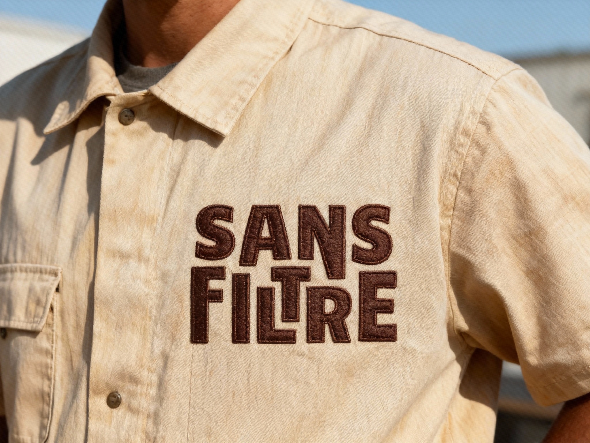 生成员工制服展示图。员工穿着浅色或原木色系工装，将参考图中的SANS FILTRE通过烫印或刺绣方式自然地融合到服装上，尤其是在胸口位置。在自然光下拍摄，整体风格简约统一，呈现出轻松且有质感的INS风格。