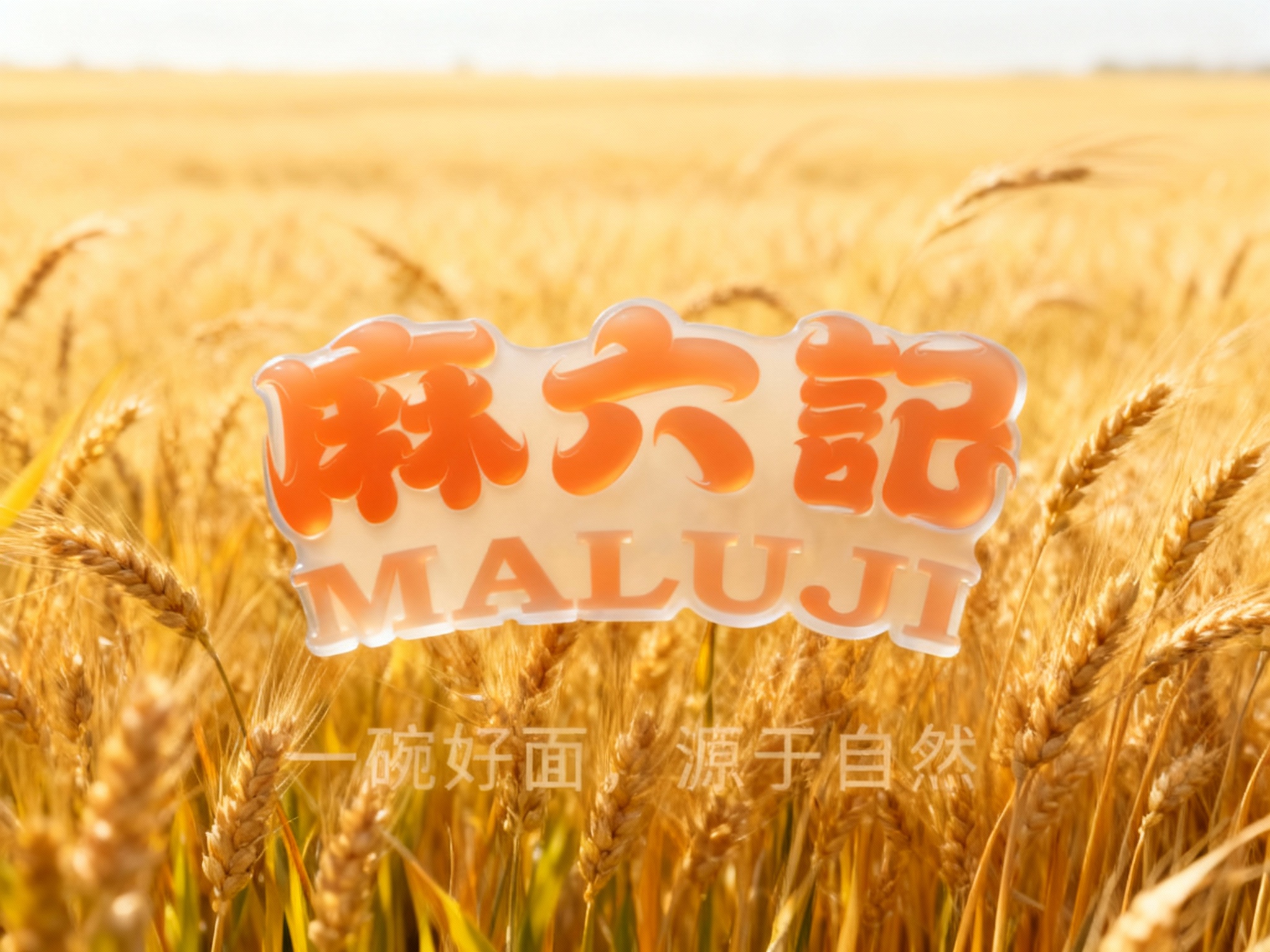 设计品牌概念海报，画面极简艺术。背景是微风吹拂的金色麦浪，或者是放大的面粉肌理。前景中心悬浮着（智能提取参考图中的LOGO主体并去除原背景），呈现出镂空或半透明的磨砂质感。画面留白多，排版采用现代无衬线字体，传递“一碗好面，源于自然”的初心。