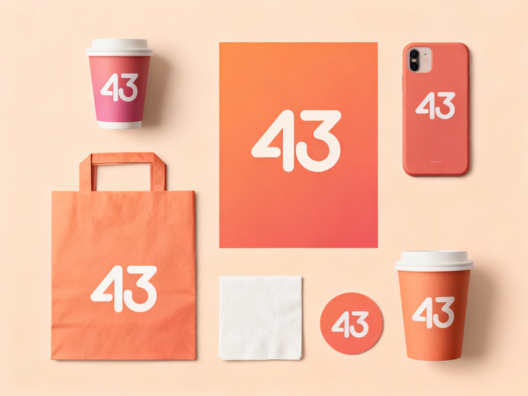 设计公司办公VI平铺拍摄图，包含纸杯、手提袋、手机壳、餐巾纸、杯垫等，（将参考图中的LOGO）在各产品上清晰展示，色彩统一，光影柔和，呈现高级整洁感，LOGO以丝网印刷方式印制于产品表面。