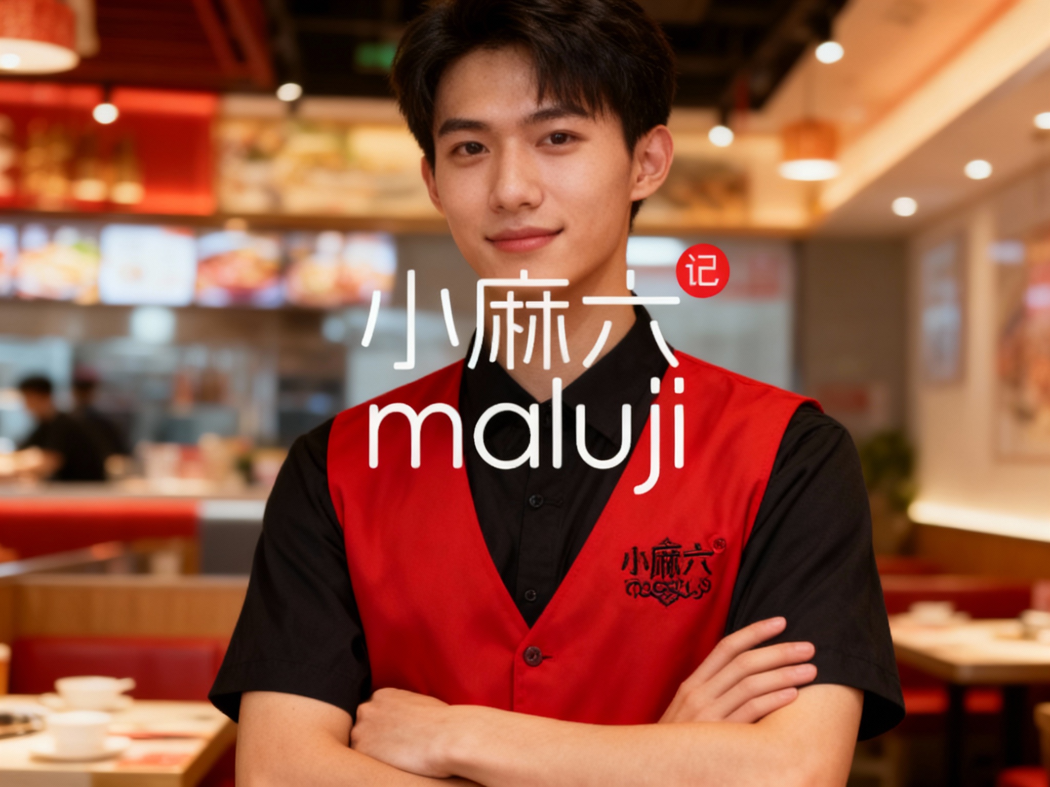生成品牌员工形象展示图，员工穿着现代制服（黑色上衣+红色马甲），胸前LOGO精致烫印，拍摄于餐厅内部，气质专业、自信、年轻化。