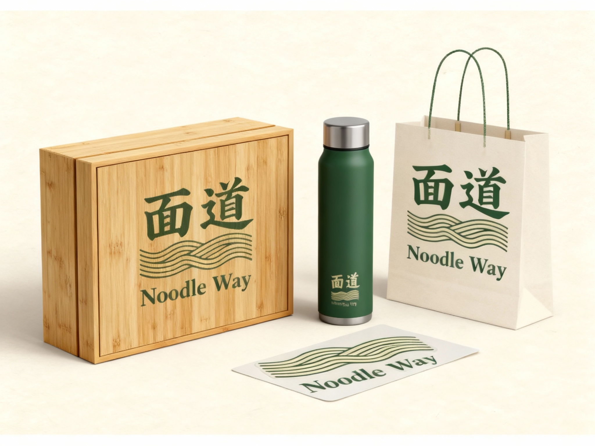 生成品牌周边展示图，如礼盒、保温杯、手提袋、贴纸等，（将参考图中的LOGO）在各周边产品上合理呈现，延续品牌配色，造型简约高级，适合礼赠与品牌延展，礼盒可采用竹制外壳体现环保理念。