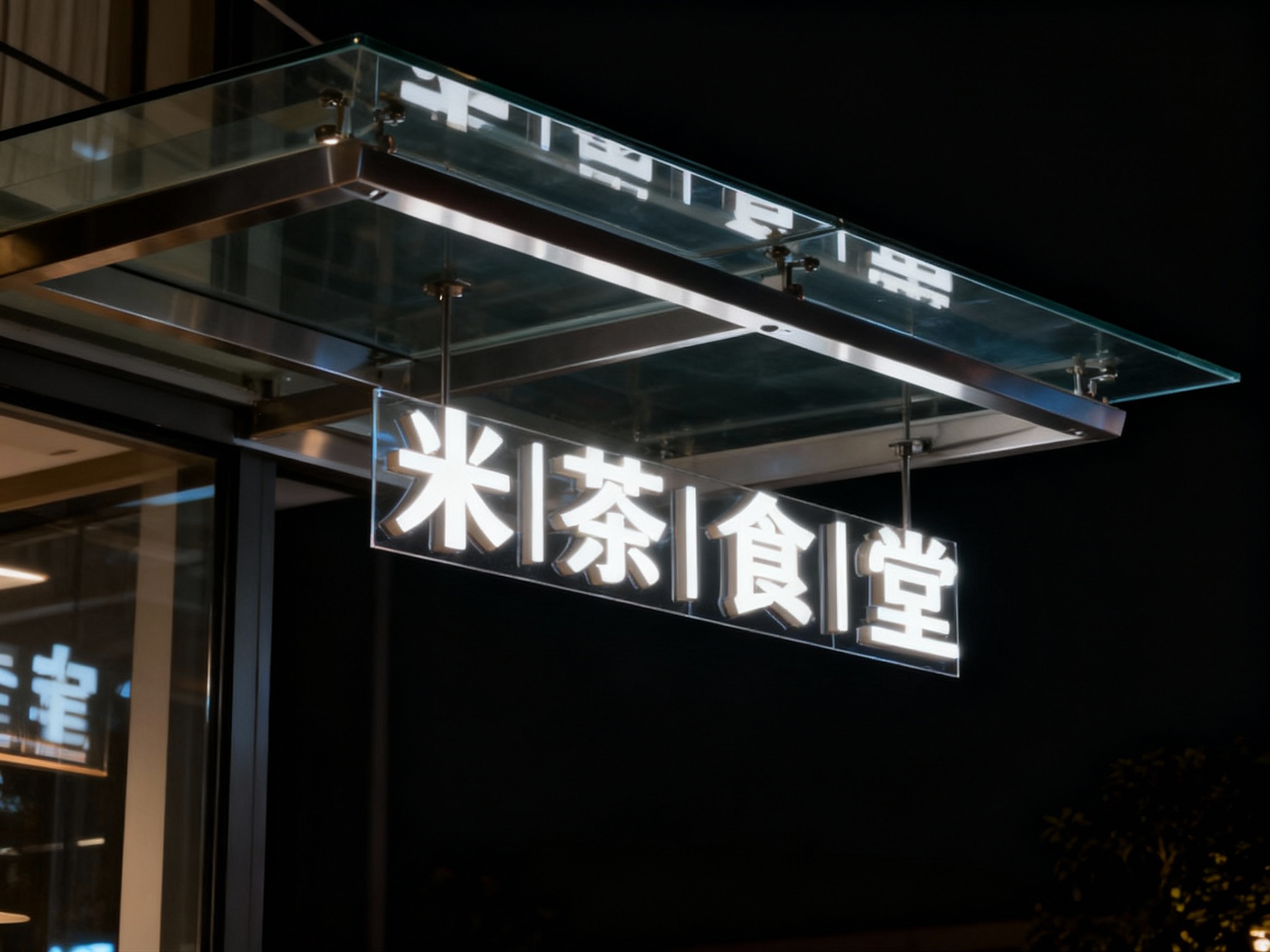 玻璃雨棚一体门头特写，超白玻璃雨棚采用无影胶无缝拼接，搭配哑光不锈钢隐藏式支架，底板通透无支架外露，LOGO以悬浮式发光字安装于雨棚下方，无悬挂连接件，黑夜场景，灯光照亮LOGO与雨棚边缘，整体通透大气
