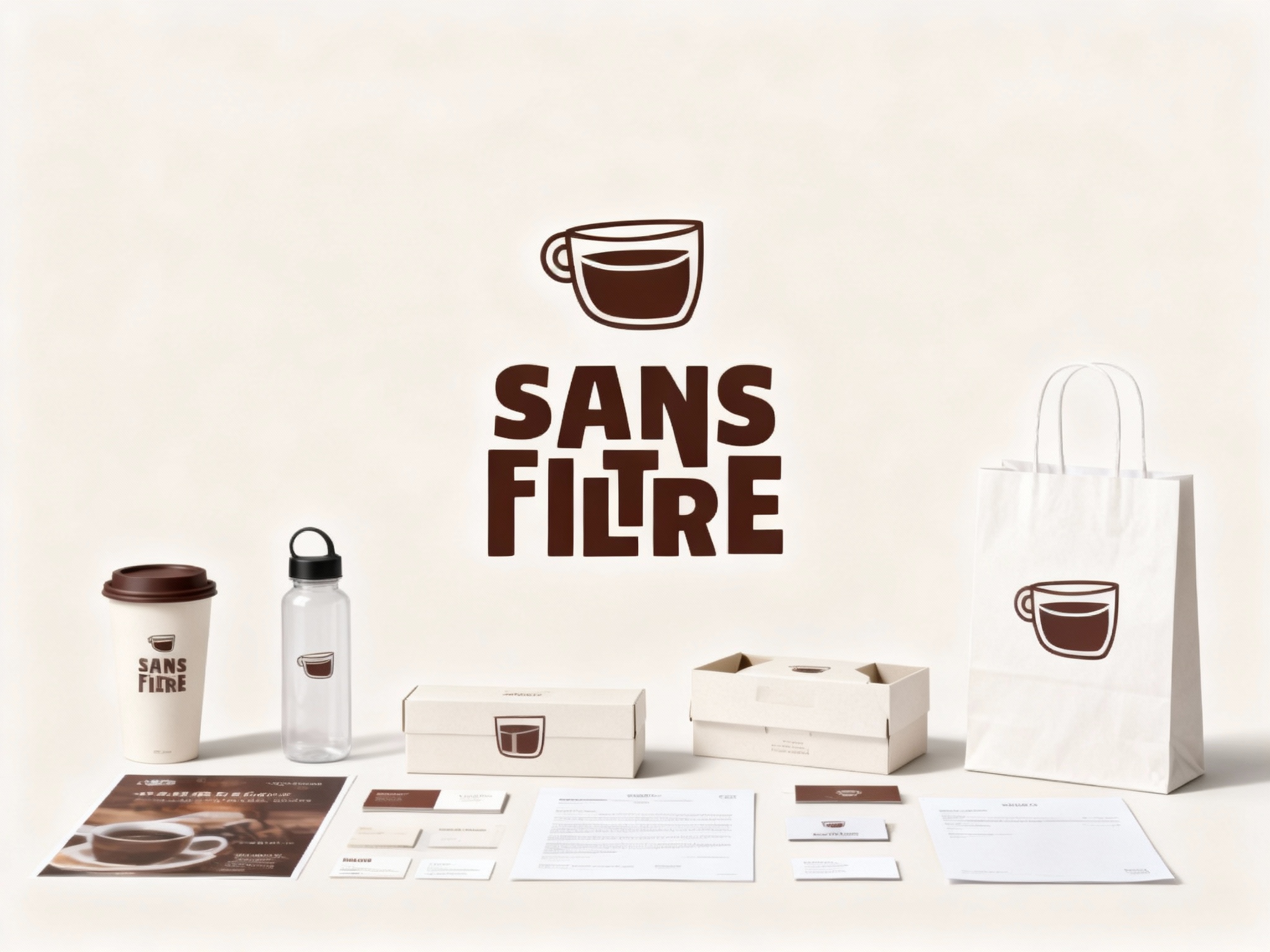 生成咖啡产品展示图，品牌VI展示，它包括纸质杯、外带袋、水杯、纸盒、印刷海报、名片、小册子、信纸设计、纯色、简单的背景、平面布局和极简美学、高分辨率摄影、高质量细节、高细节，顶级商业表现形式延续品牌色调，（将参考图中的LOGO 保持一致不要出现变形）在相应载体上合理呈现，突出饮品质感与品牌形象，纸质杯采用哑光质感，外带袋以米白色为主，印有深棕色LOGO。