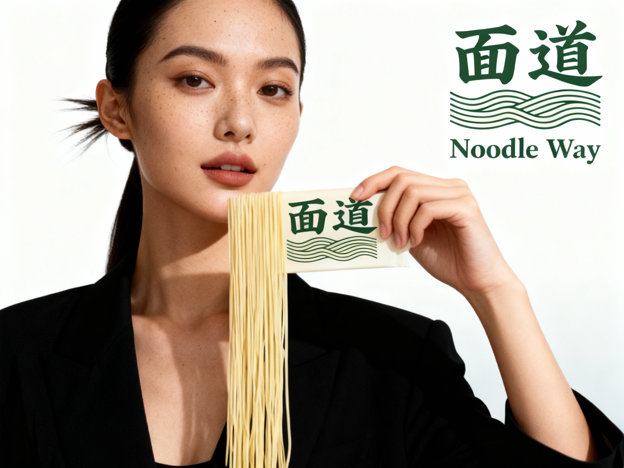 设计品牌海报，时尚剪影摄影风格,时尚大片,一个女生模特,穿着时尚黑色服装手拿带有（将参考图中的LOGO）的面条，（将参考图中的LOGO）位于左上角或右上角（根据实际情况设置），清晰的毛孔,肌肤真实细节,产品剪影,品牌色向白色渐变背景,特写镜头,平视视角,高清分辨率,高细节