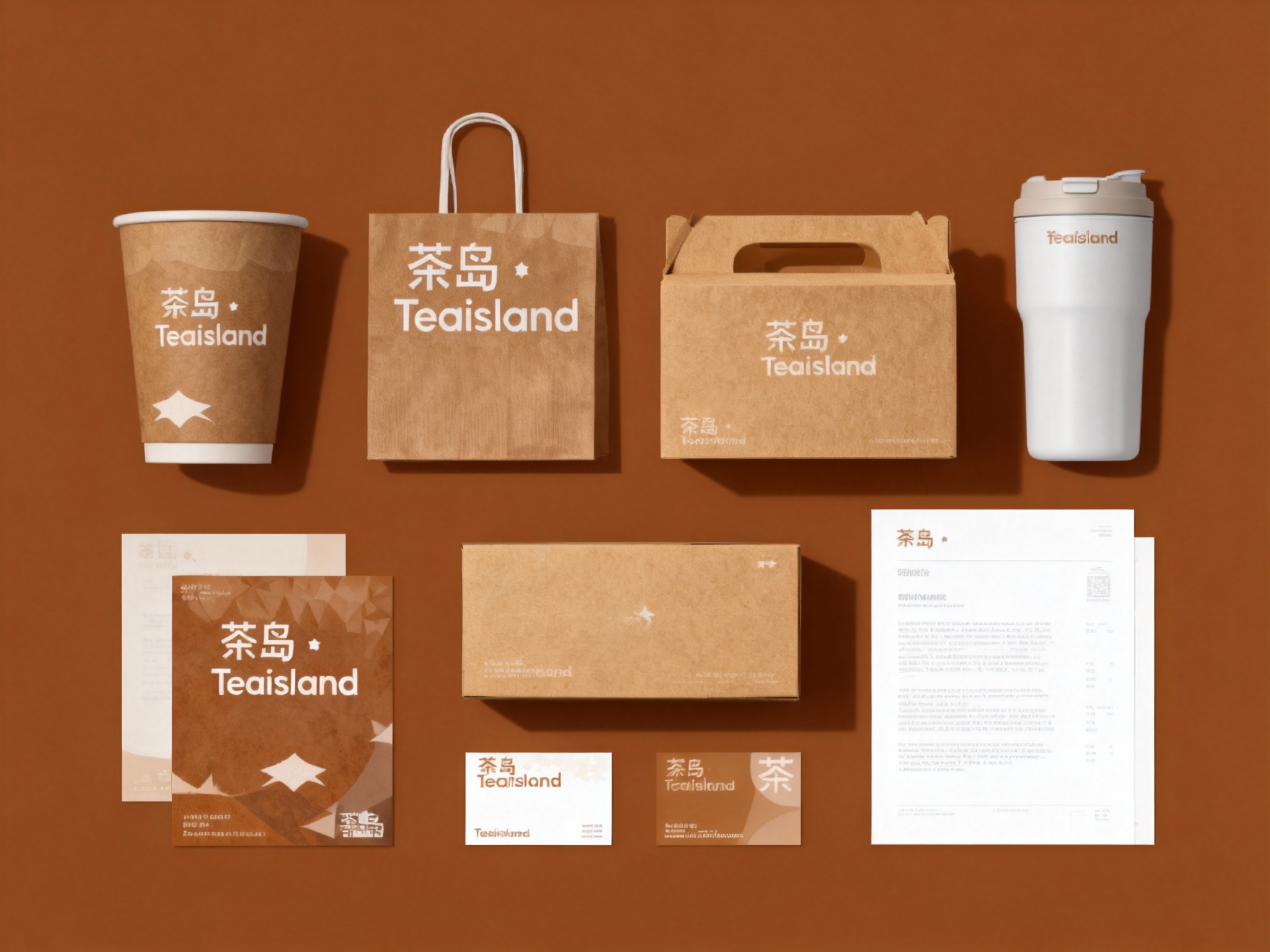 生成奶茶产品展示图，品牌VI展示，它包括纸质杯、外带袋、水杯、纸盒、印刷海报、名片、小册子、信纸设计、纯色、简单的背景、平面布局和极简美学、高分辨率摄影、高质量细节、高细节，顶级商业表现形式延续品牌色调，（将参考图中的LOGO 保持一致不要出现变形）在相应载体上合理呈现，突出饮品质感与品牌形象。