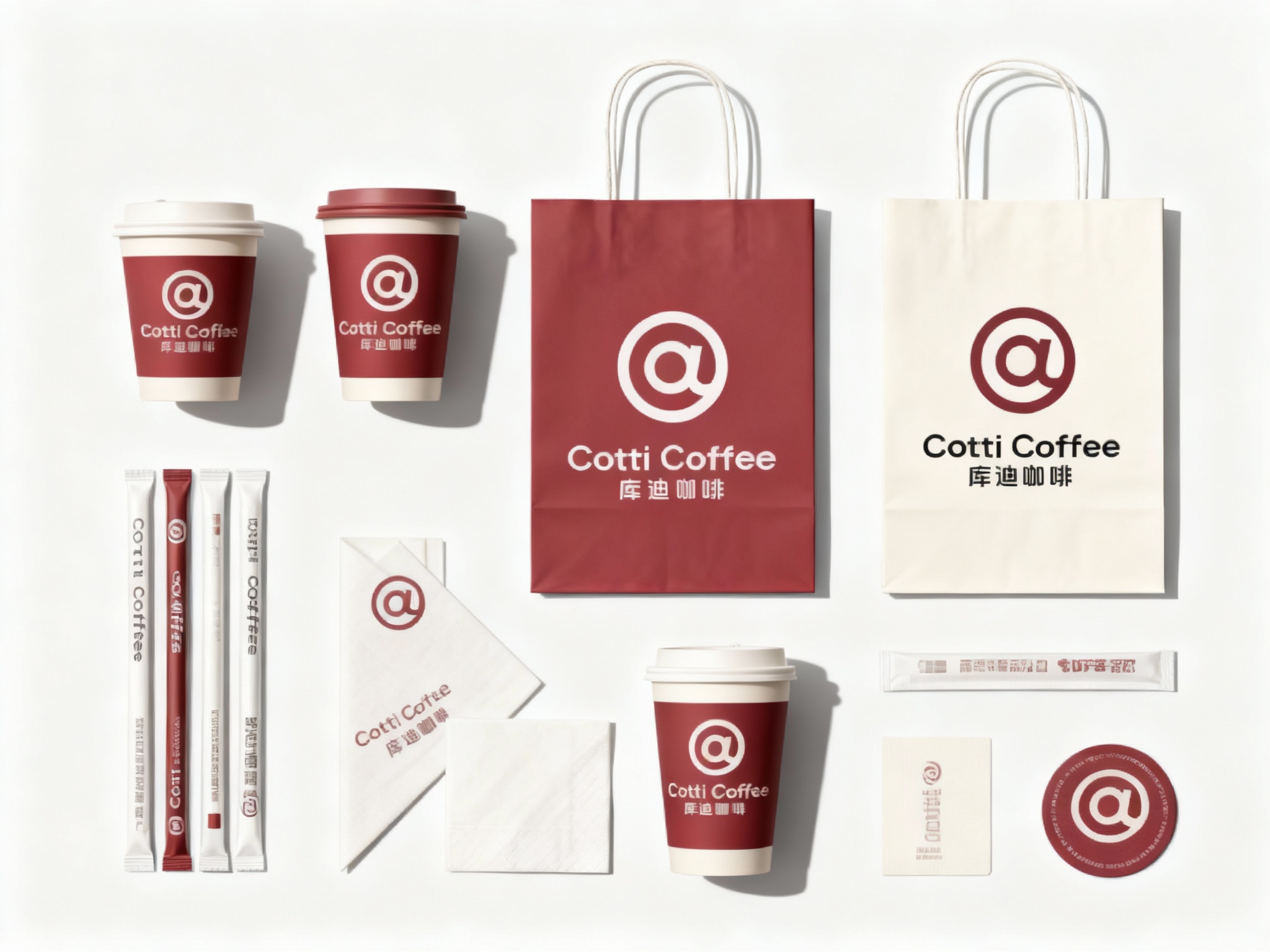 设计咖啡产品平铺拍摄图，包含纸杯、手提袋、打包袋、吸管包装、餐巾纸、杯垫等，（将参考图中的LOGO）在各产品上清晰展示，色彩统一，光影柔和，呈现高级整洁感，背景为浅灰色或米白色，突出产品的精致感。